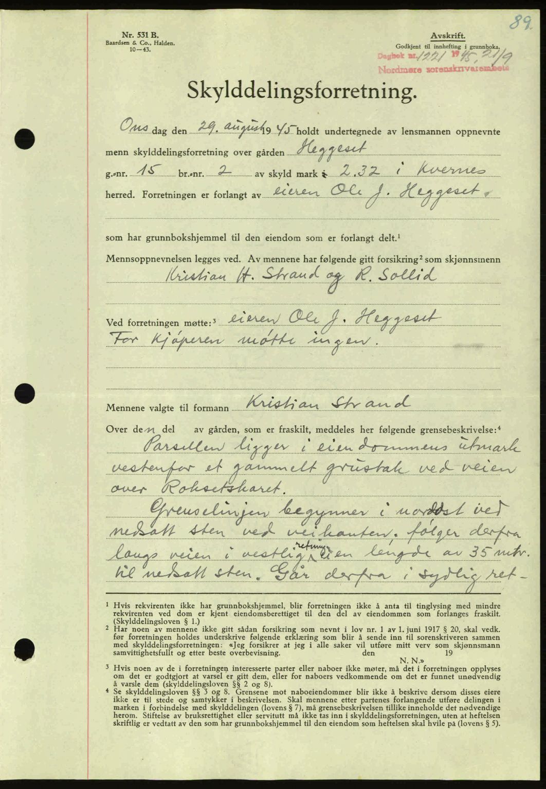 Nordmøre sorenskriveri, AV/SAT-A-4132/1/2/2Ca: Mortgage book no. A100a, 1945-1945, Diary no: : 1221/1945