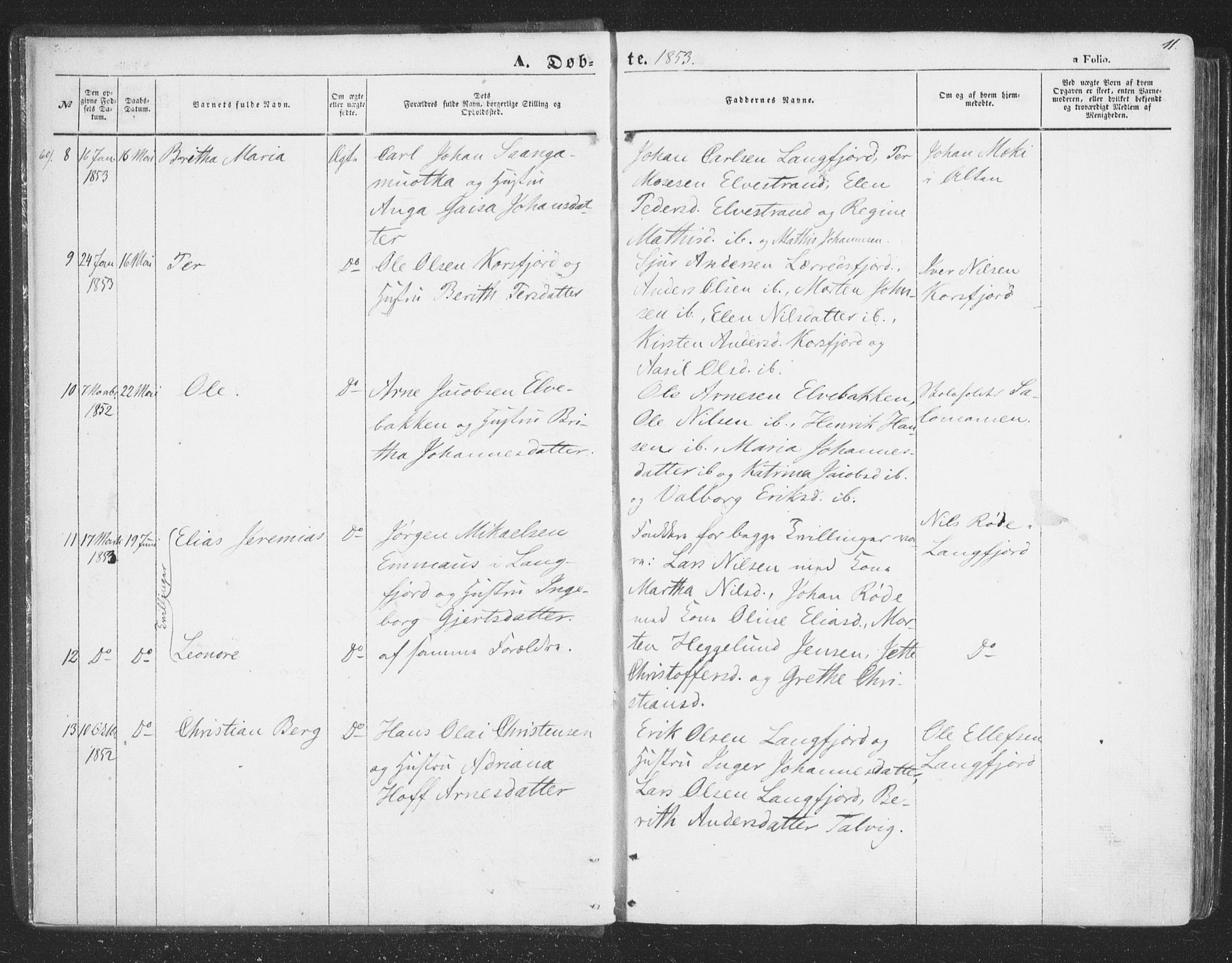 Talvik sokneprestkontor, AV/SATØ-S-1337/H/Ha/L0010kirke: Parish register (official) no. 10, 1852-1864, p. 11
