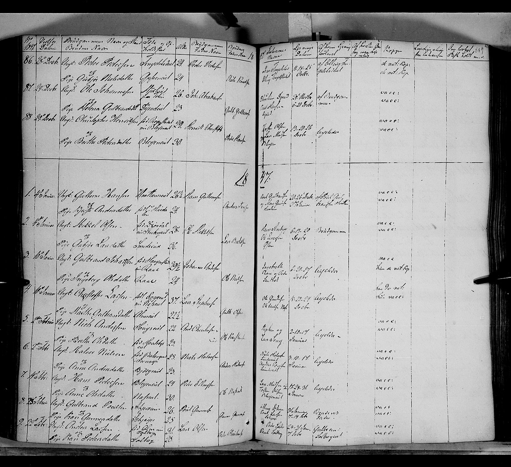 Gran prestekontor, SAH/PREST-112/H/Ha/Haa/L0011: Parish register (official) no. 11, 1842-1856, p. 888-889