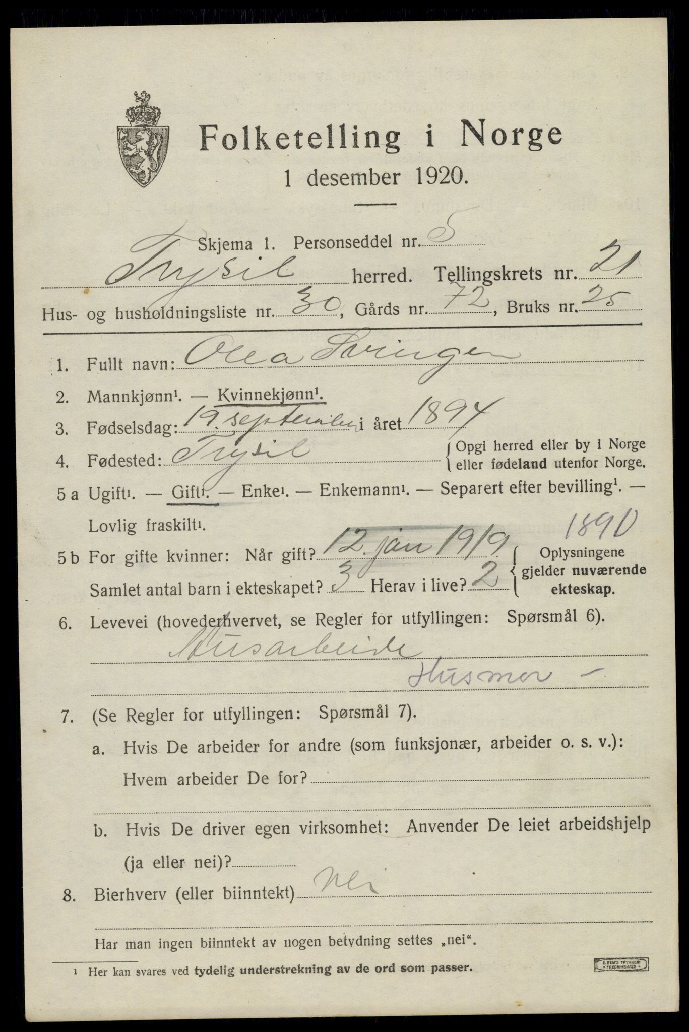 SAH, 1920 census for Trysil, 1920, p. 14127