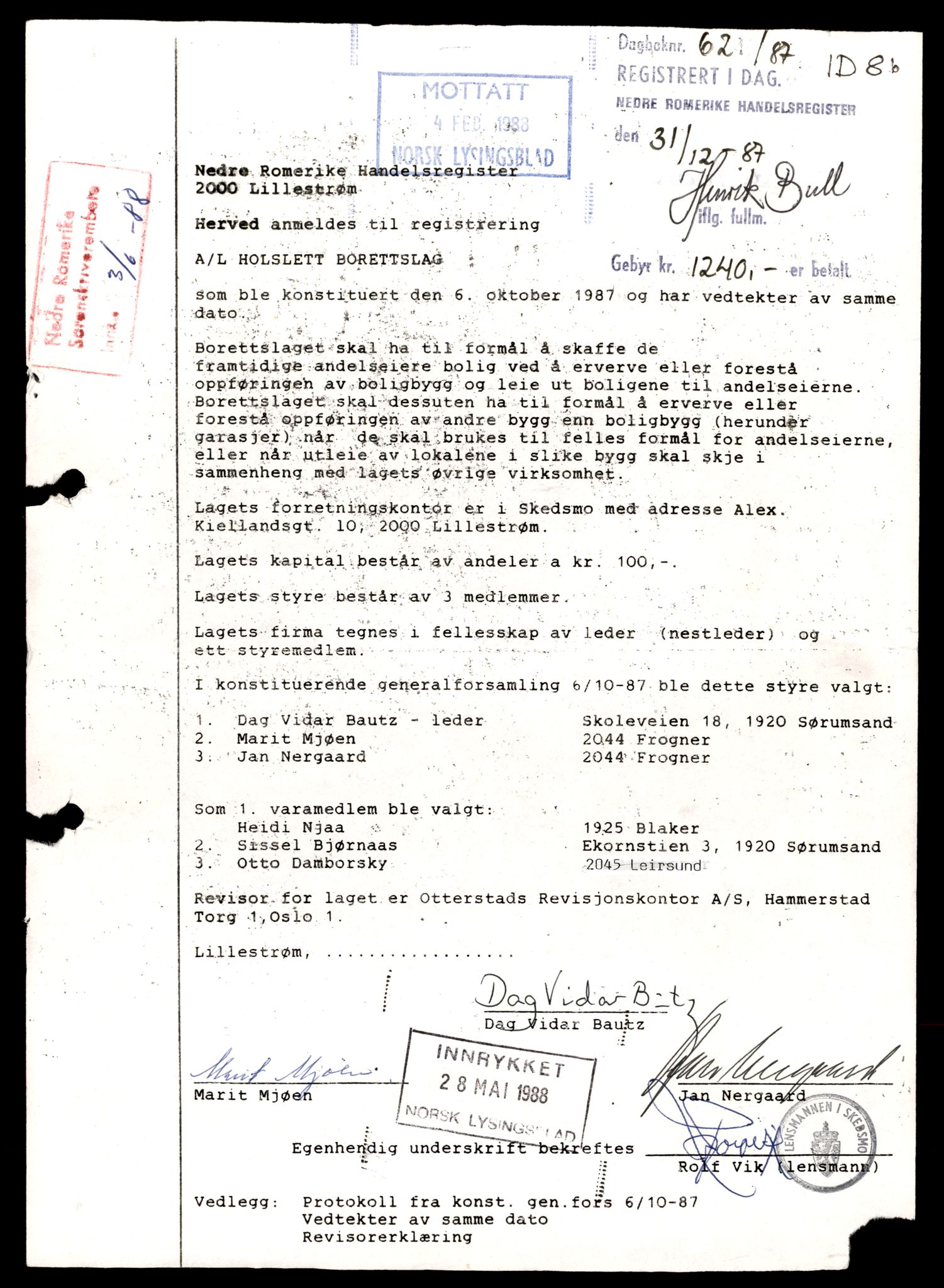 Nedre Romerike sorenskriveri, AV/SAT-A-10469/K/Kd/Kdb/L0018: Kopi av registreringsmeldinger, dagboknr. 401/1987 - 2/1990, 1987-1990