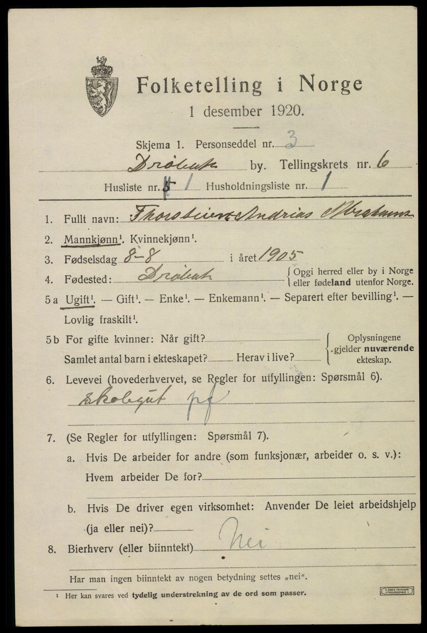 SAO, 1920 census for Drøbak, 1920, p. 4961