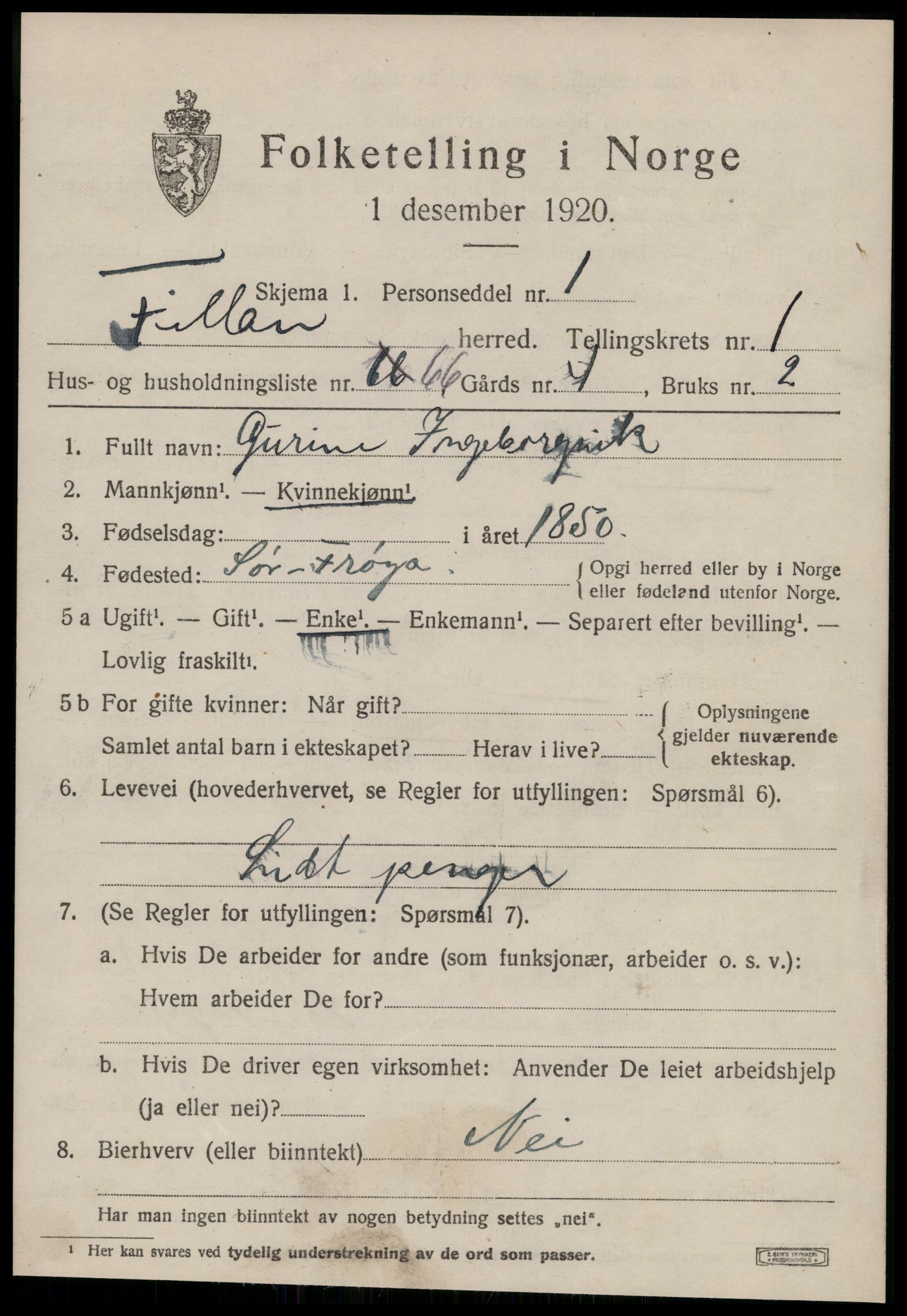 SAT, 1920 census for Fillan, 1920, p. 1324