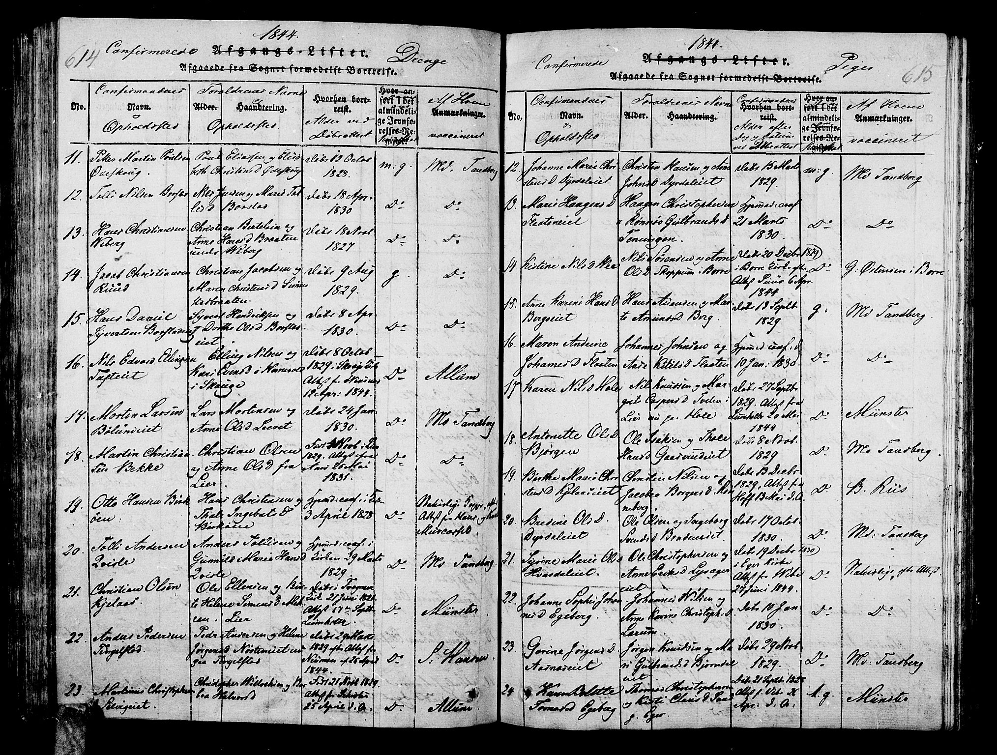 Sande Kirkebøker, AV/SAKO-A-53/G/Ga/L0001: Parish register (copy) no. 1, 1814-1847, p. 614-615