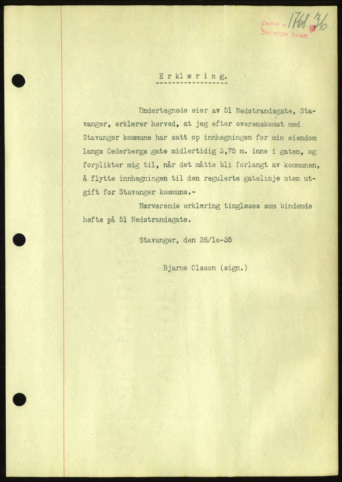 Stavanger byrett, SAST/A-100455/002/G/Gb/L0026: Mortgage book no. B1, 1936-1937, Diary no: : 1768/1936