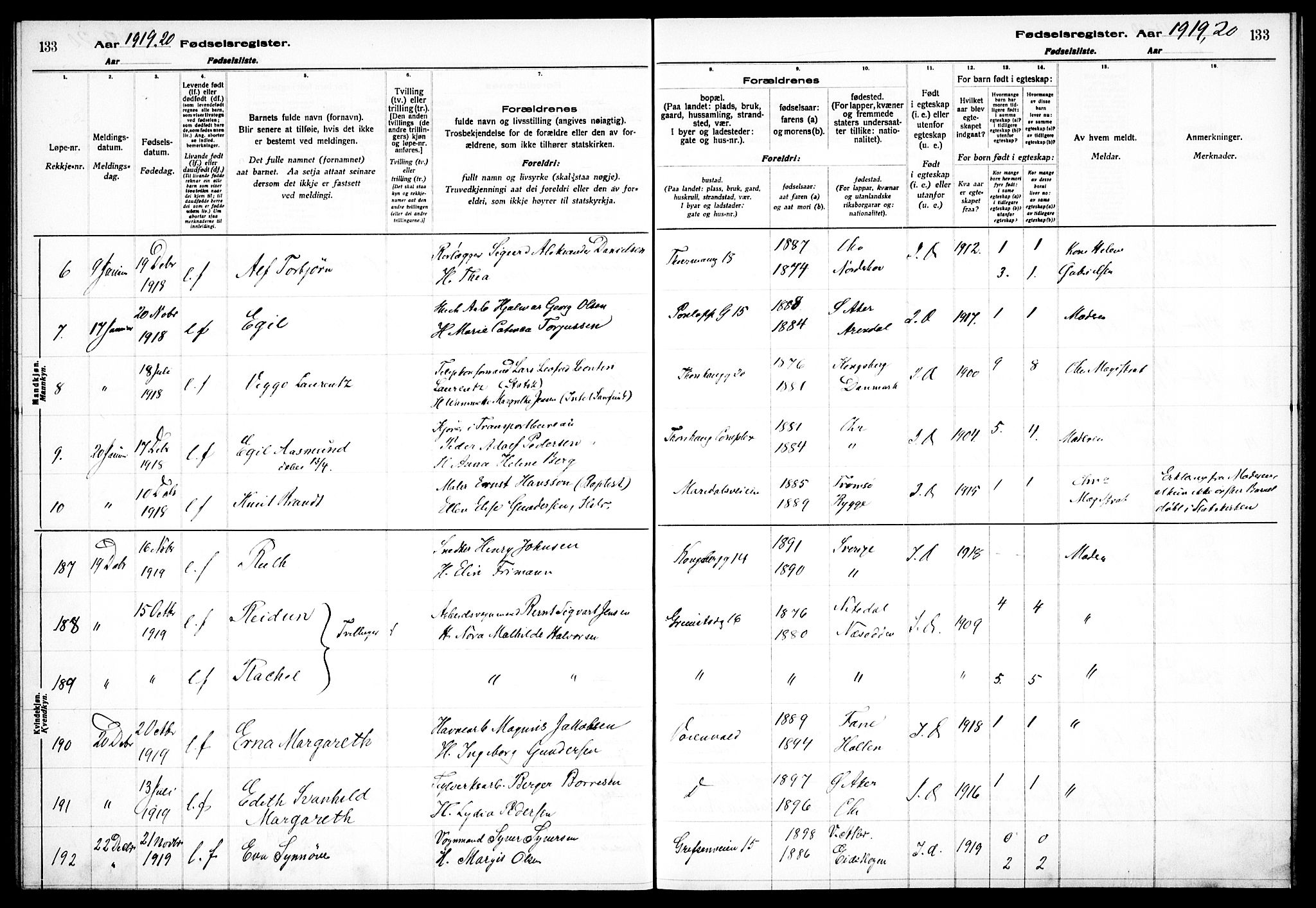 Sagene prestekontor Kirkebøker, AV/SAO-A-10796/J/L0001: Birth register no. 1, 1916-1920, p. 133