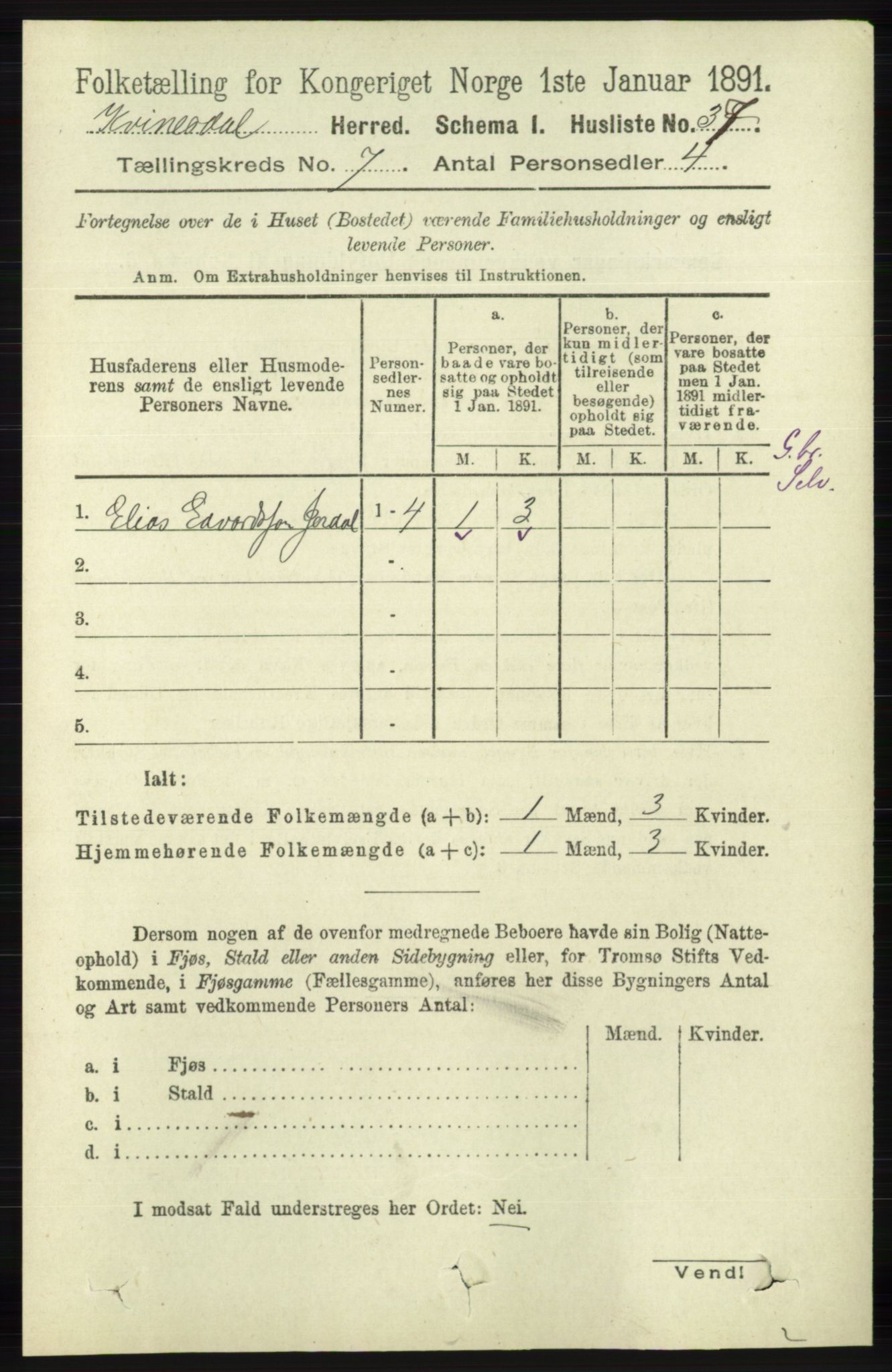 RA, 1891 census for 1037 Kvinesdal, 1891, p. 2412