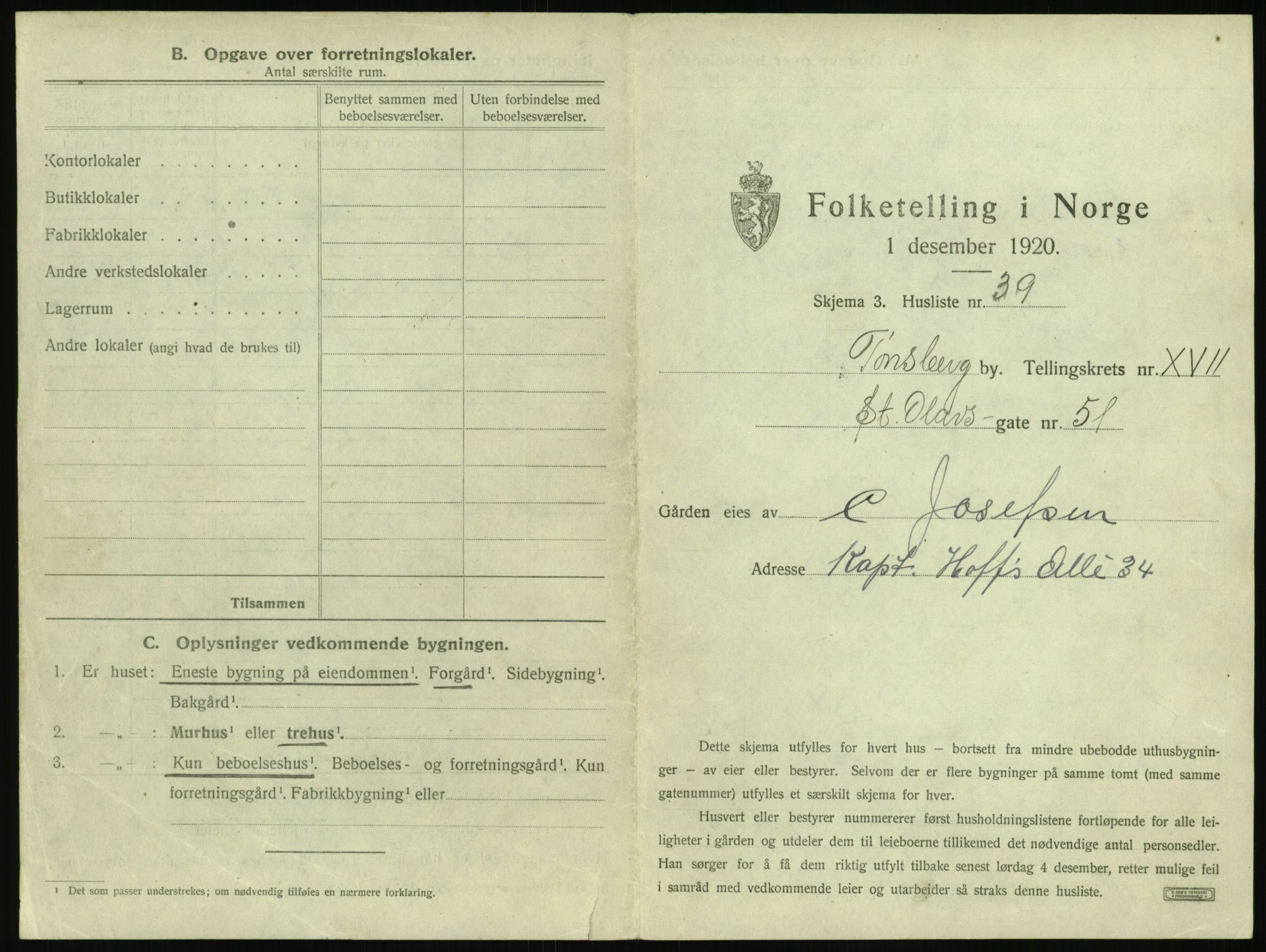 SAKO, 1920 census for Tønsberg, 1920, p. 1849