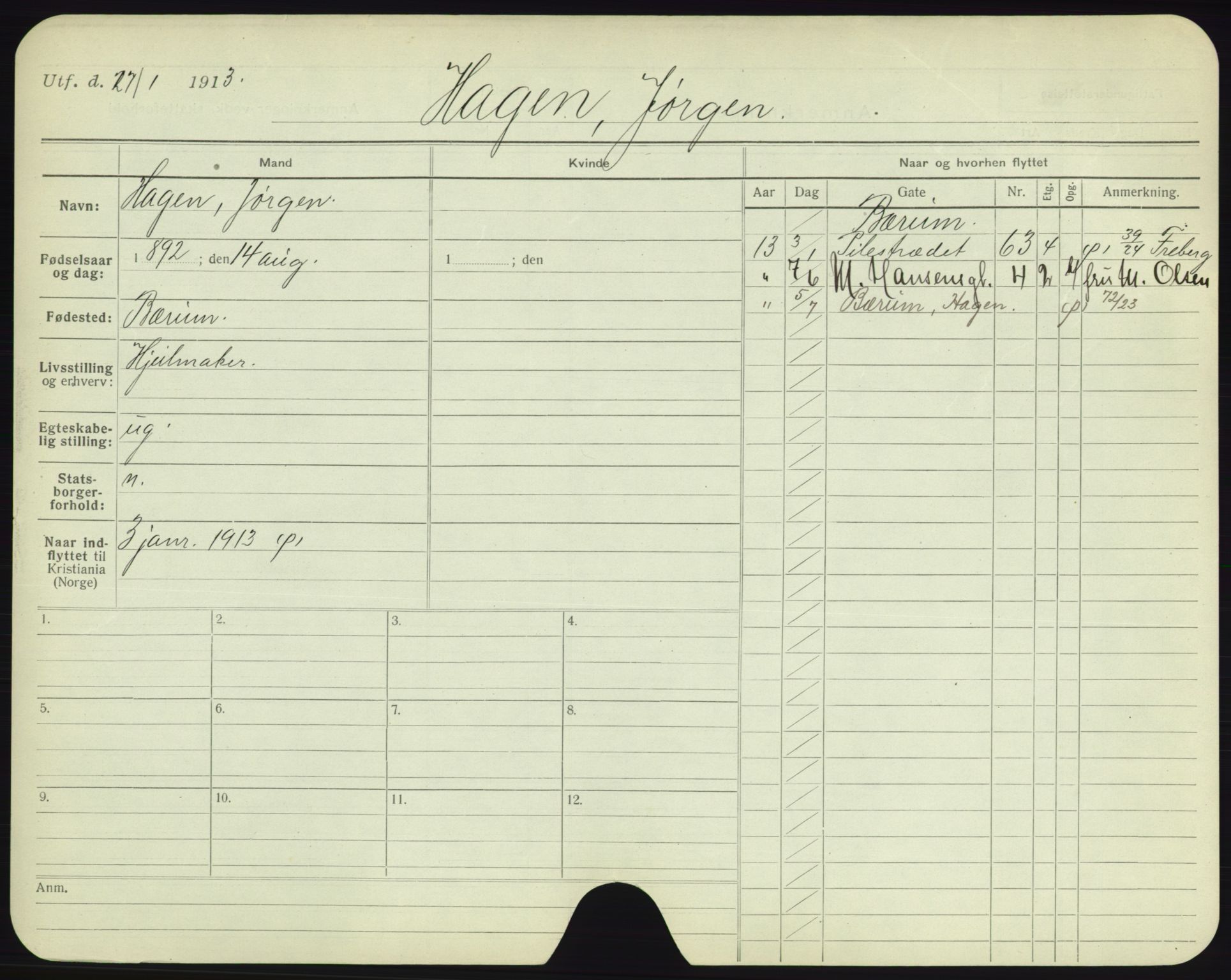 Oslo folkeregister, Registerkort, AV/SAO-A-11715/F/Fa/Fac/L0003: Menn, 1906-1914, p. 1031a