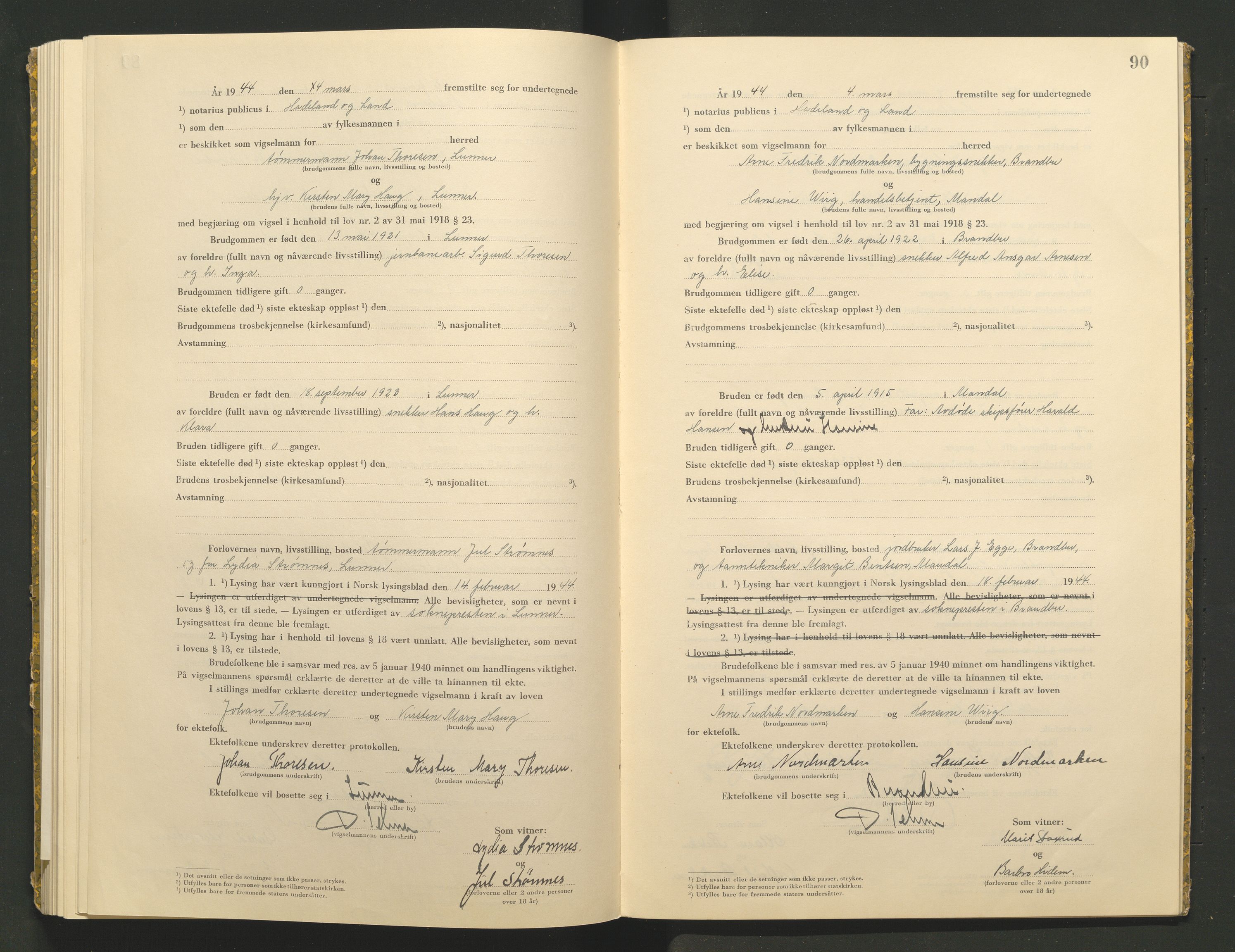 Hadeland og Land tingrett, AV/SAH-TING-010/L/Lb/L0002: Vigselbok, 1943-1944, p. 90