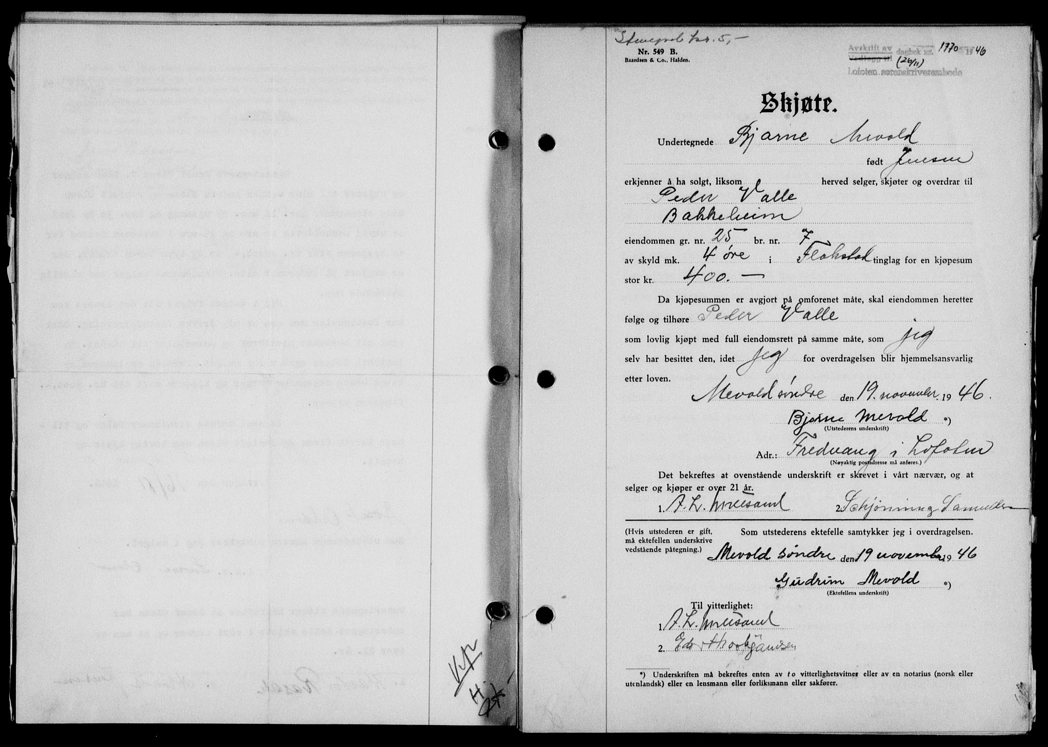 Lofoten sorenskriveri, SAT/A-0017/1/2/2C/L0015a: Mortgage book no. 15a, 1946-1947, Diary no: : 1770/1946