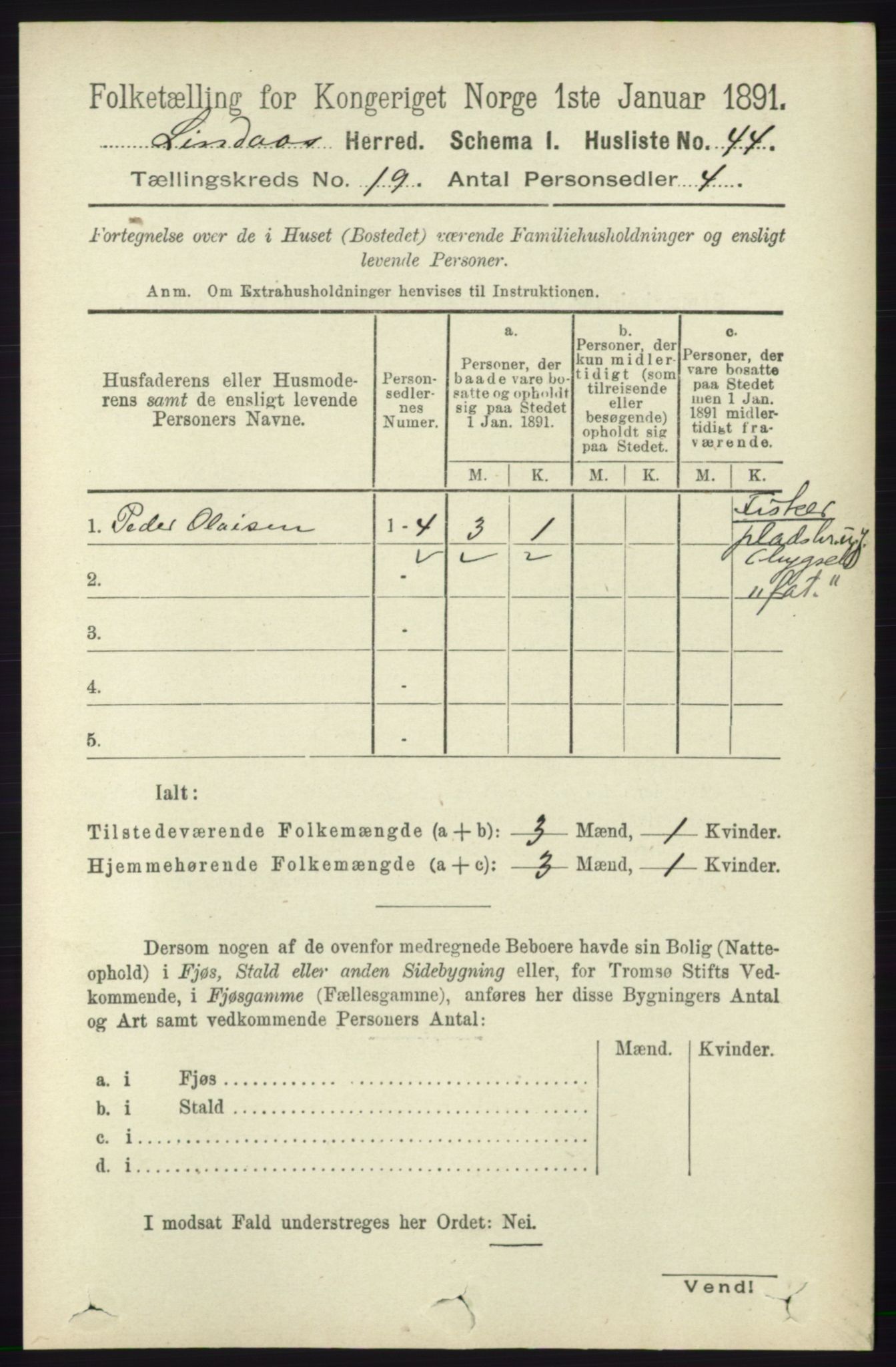 RA, 1891 census for 1263 Lindås, 1891, p. 6916