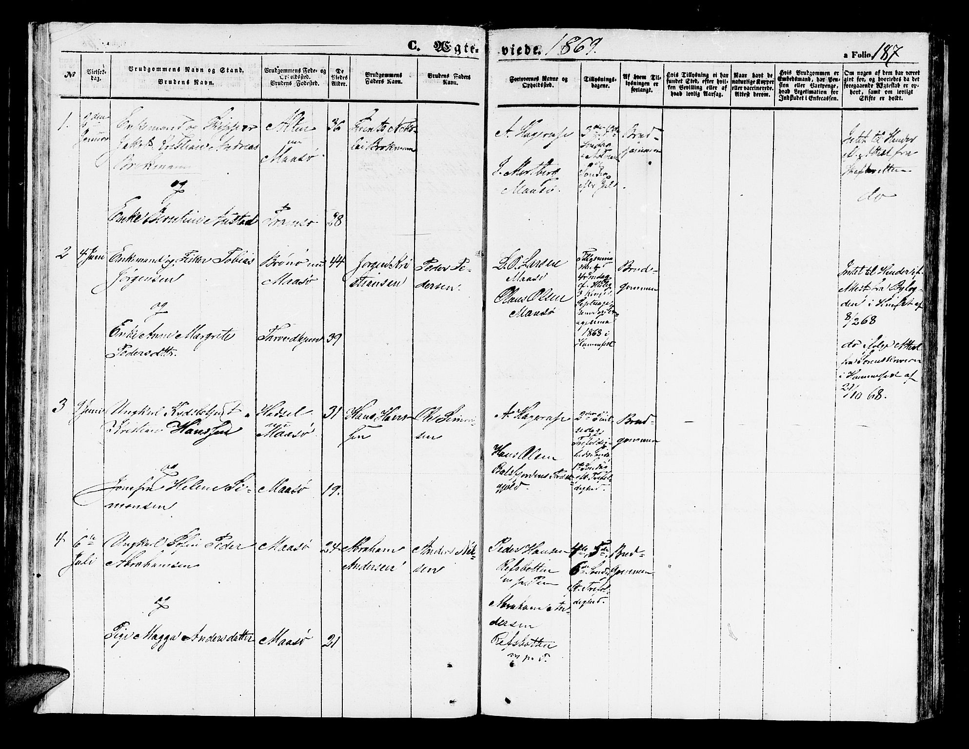 Måsøy sokneprestkontor, AV/SATØ-S-1348/H/Hb/L0001klokker: Parish register (copy) no. 1, 1852-1877, p. 187