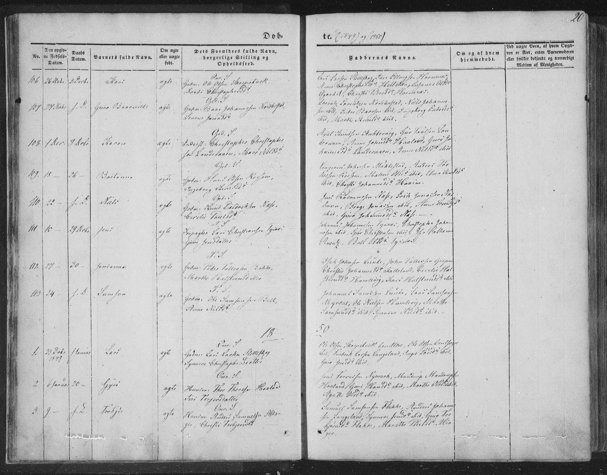 Tysnes sokneprestembete, AV/SAB-A-78601/H/Haa: Parish register (official) no. A 10, 1848-1859, p. 20