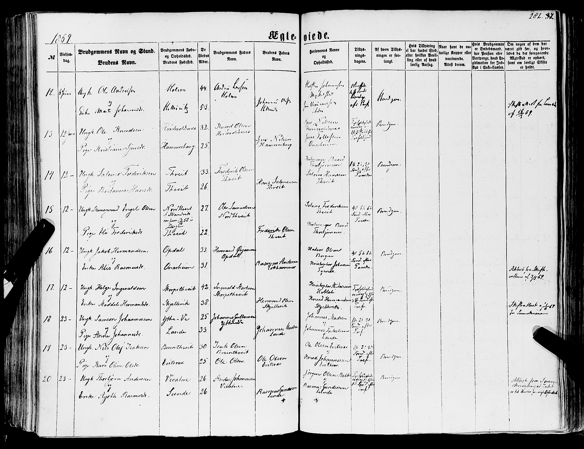 Tysnes sokneprestembete, SAB/A-78601/H/Haa: Parish register (official) no. A 11, 1860-1871, p. 282