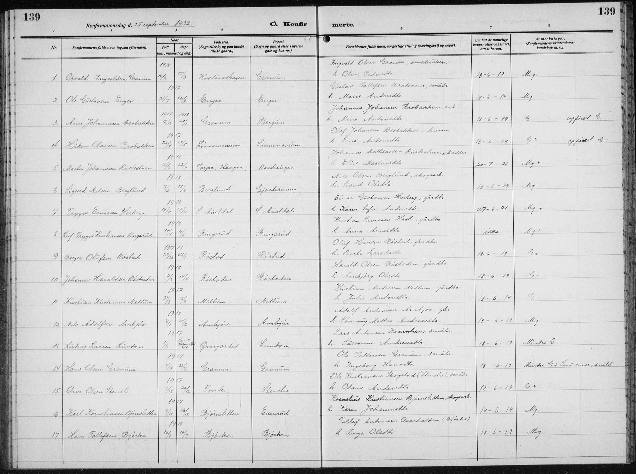 Biri prestekontor, SAH/PREST-096/H/Ha/Hab/L0007: Parish register (copy) no. 7, 1919-1941, p. 139