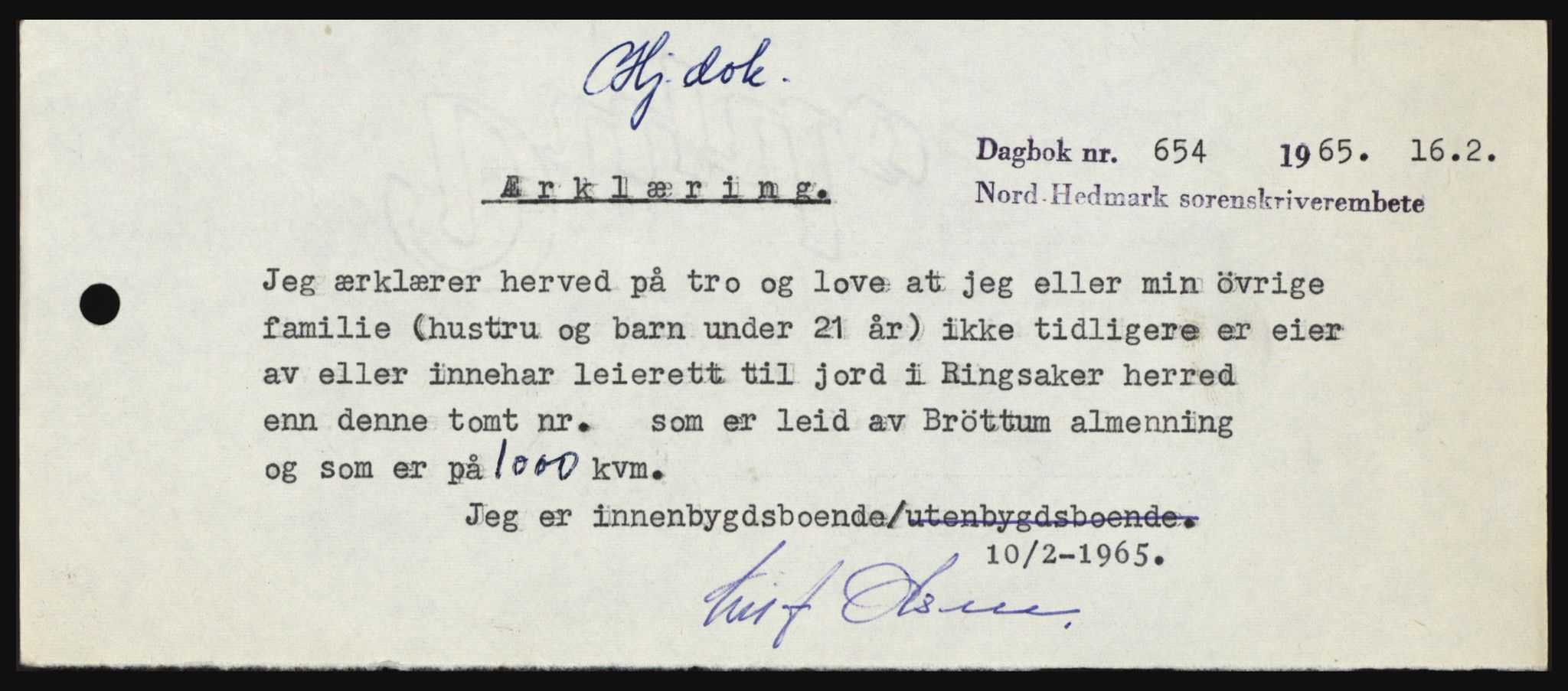 Nord-Hedmark sorenskriveri, SAH/TING-012/H/Hc/L0021: Mortgage book no. 21, 1964-1965, Diary no: : 654/1965