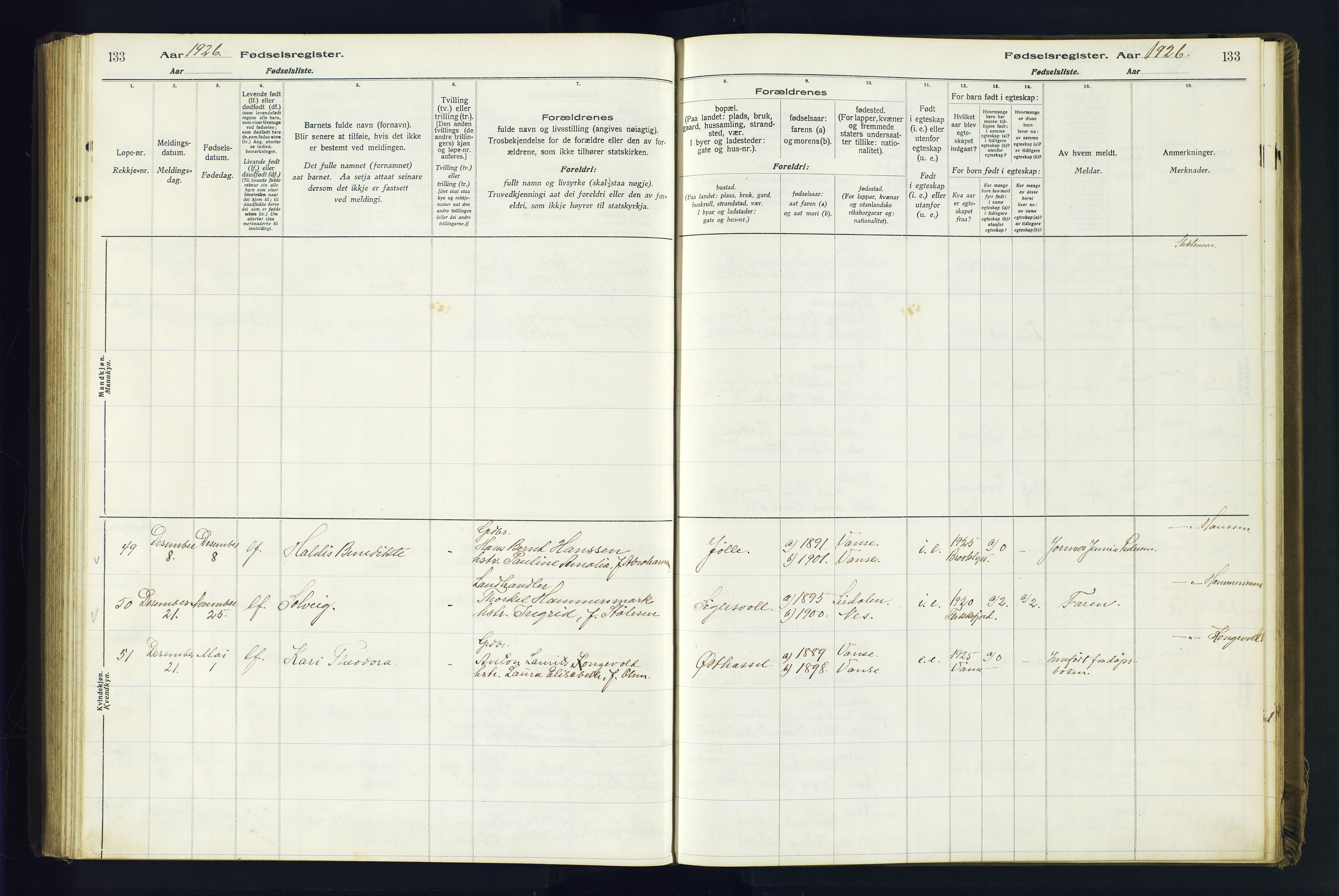 Lista sokneprestkontor, AV/SAK-1111-0027/J/Ja/L0001: Birth register no. A-VI-30, 1916-1934, p. 133