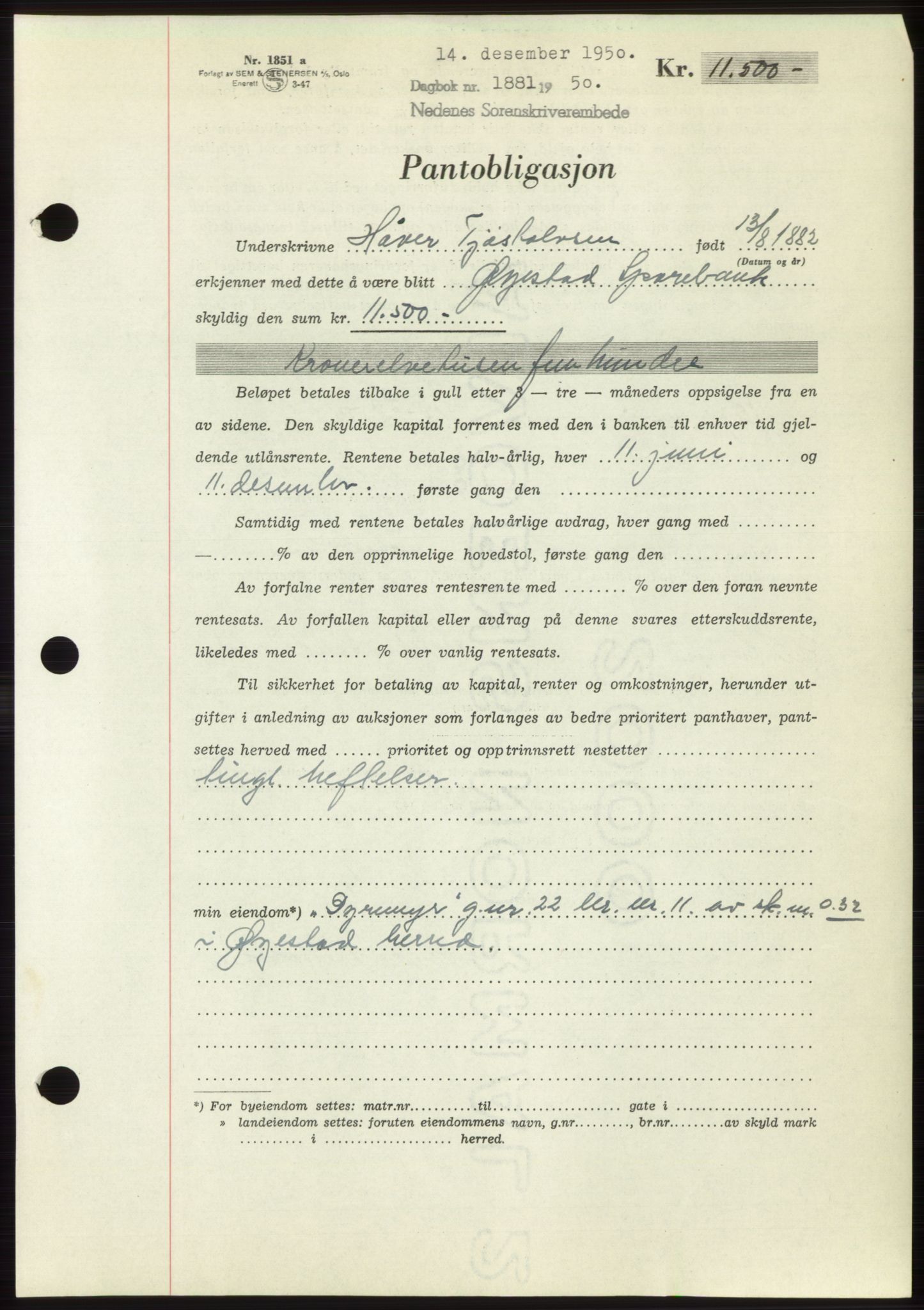 Nedenes sorenskriveri, AV/SAK-1221-0006/G/Gb/Gbb/L0008: Mortgage book no. B8, 1950-1950, Diary no: : 1881/1950