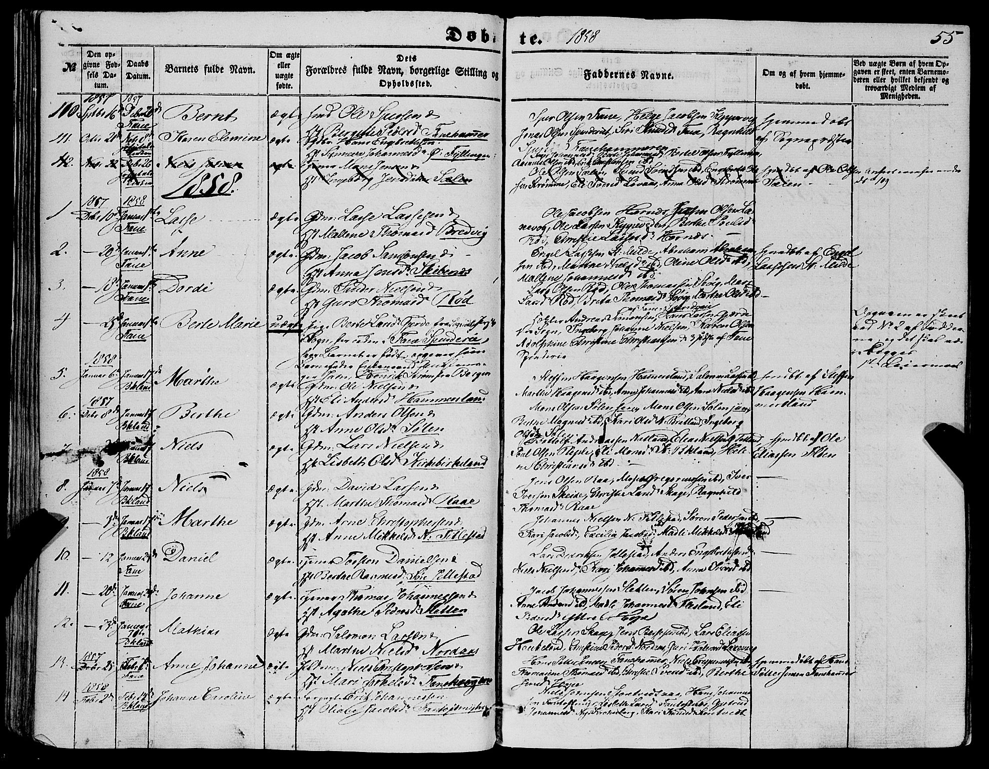 Fana Sokneprestembete, SAB/A-75101/H/Haa/Haaa/L0011: Parish register (official) no. A 11, 1851-1862, p. 55