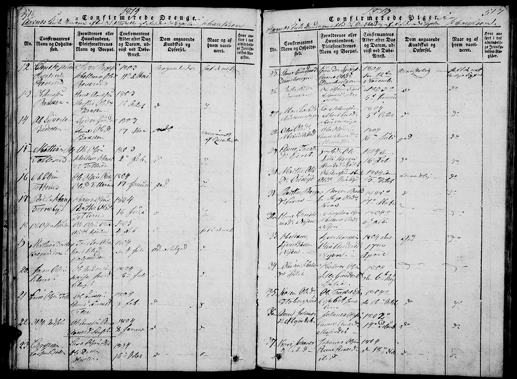 Hof prestekontor, AV/SAH-PREST-038/H/Ha/Haa/L0005: Parish register (official) no. 5, 1816-1822, p. 516-517