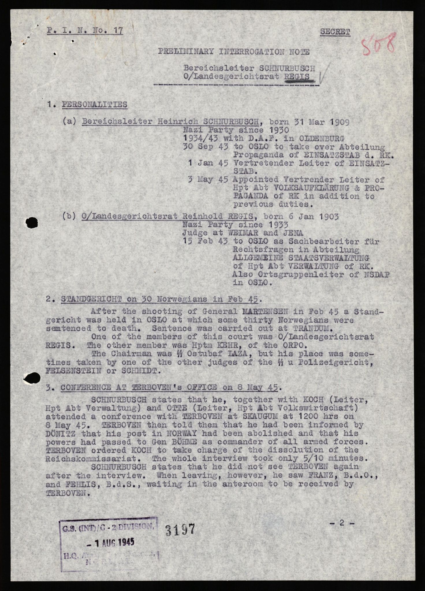 Forsvaret, Forsvarets overkommando II, RA/RAFA-3915/D/Db/L0027: CI Questionaires. Tyske okkupasjonsstyrker i Norge. Tyskere., 1945-1946, p. 96
