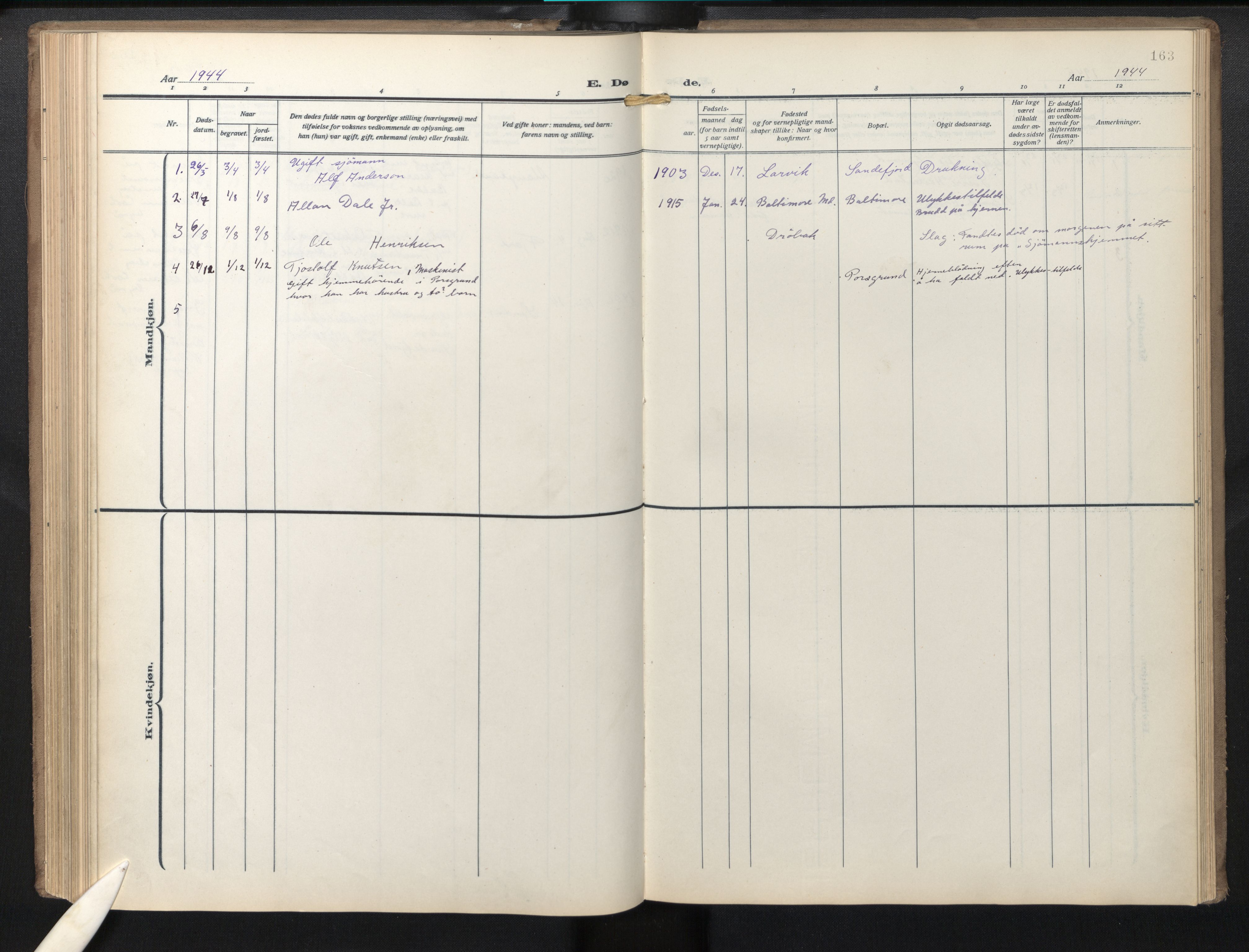 Den norske sjømannsmisjon i utlandet / Baltimore, AV/SAB-SAB/PA-0169/H/Ha/L0001: Parish register (official) no. A 1, 1927-1975, p. 162b-163a