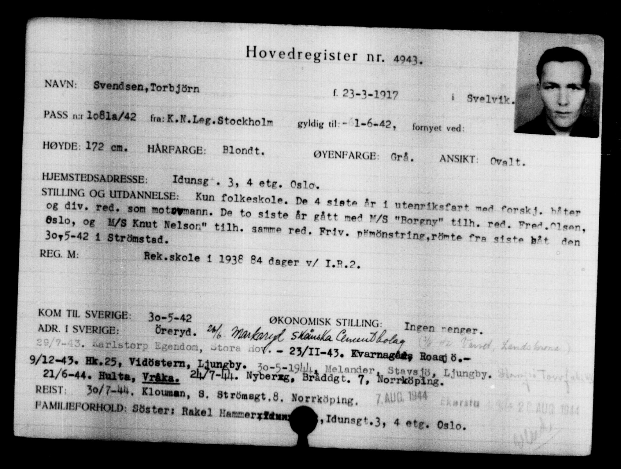 Utenriksstasjonene, Legasjonen i Stockholm, Flyktningkontoret, AV/RA-S-6753/V/Va/L0004: Kjesäterkartoteket, flyktninger med registreringsnr. 3496-6610, 1940-1945, p. 1717