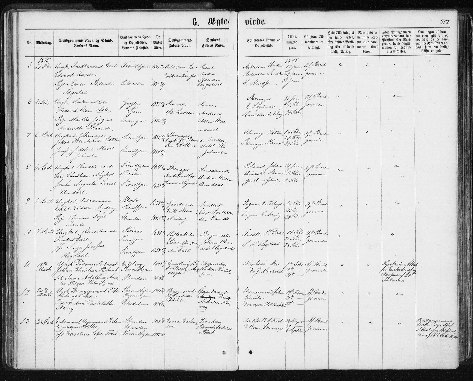 Ministerialprotokoller, klokkerbøker og fødselsregistre - Sør-Trøndelag, AV/SAT-A-1456/601/L0055: Parish register (official) no. 601A23, 1866-1877, p. 352