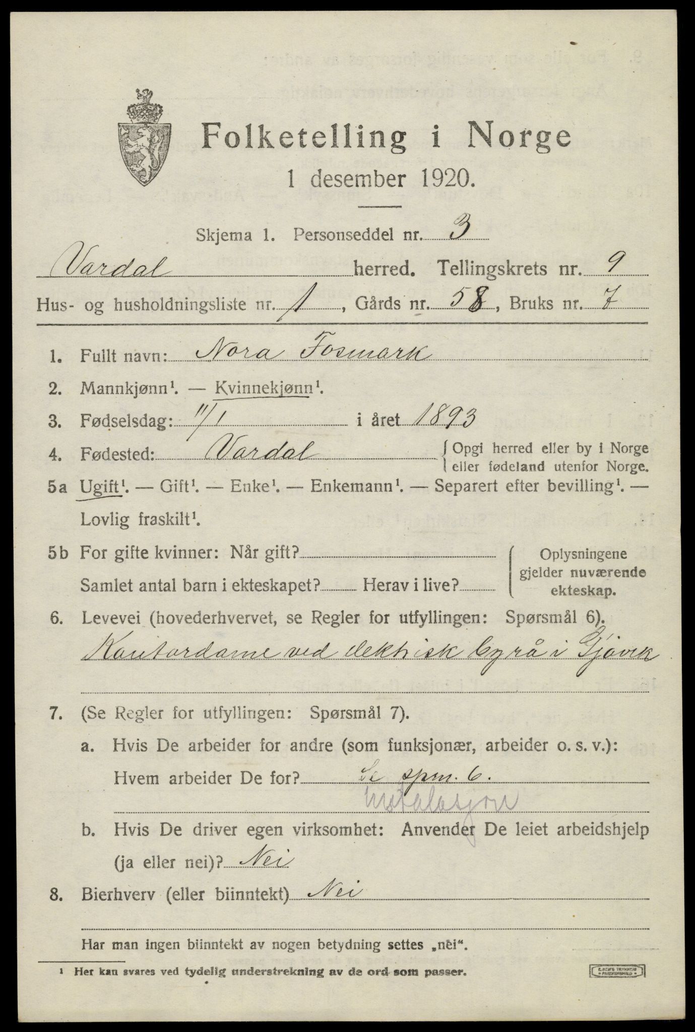 SAH, 1920 census for Vardal, 1920, p. 6471