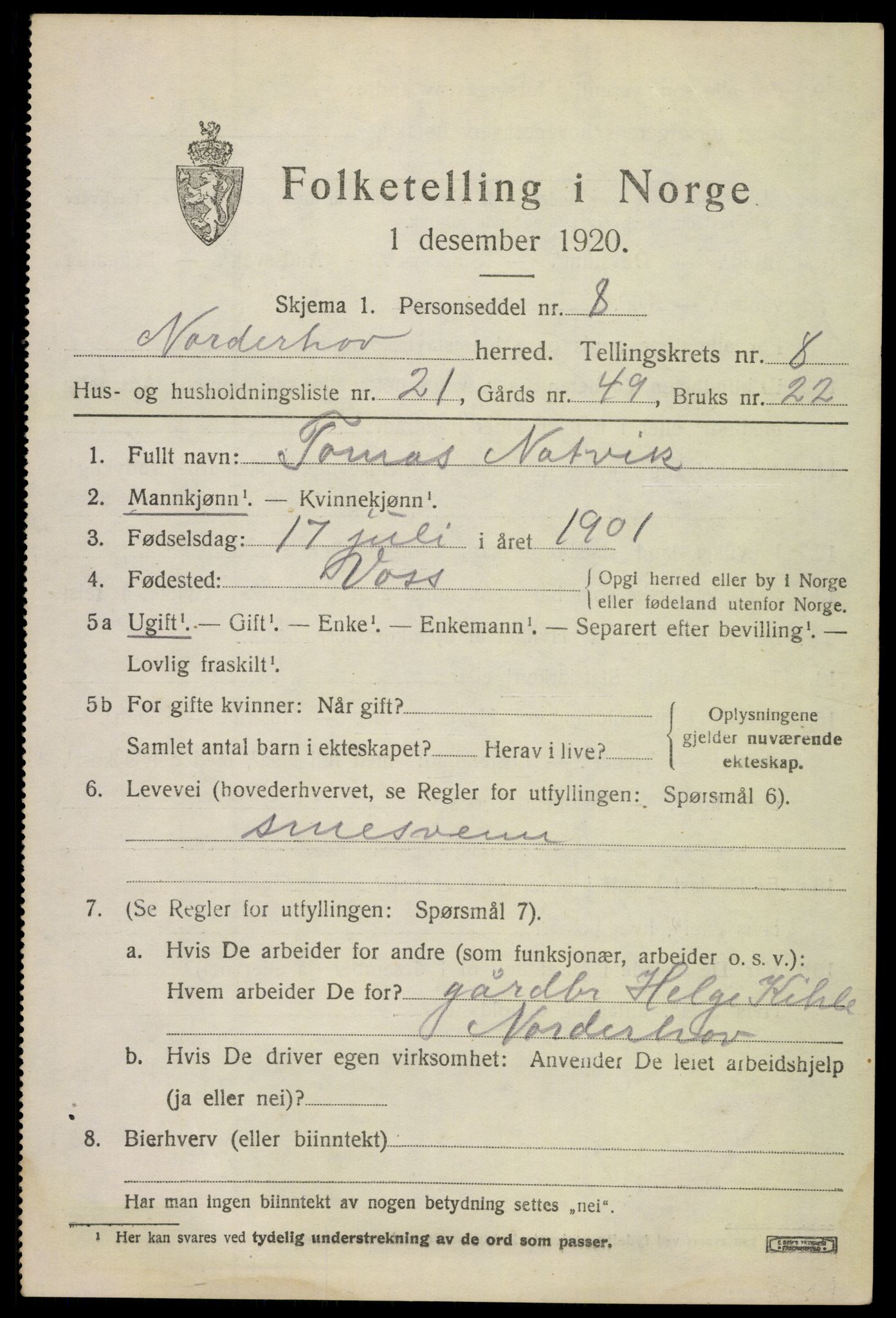 SAKO, 1920 census for Norderhov, 1920, p. 10625