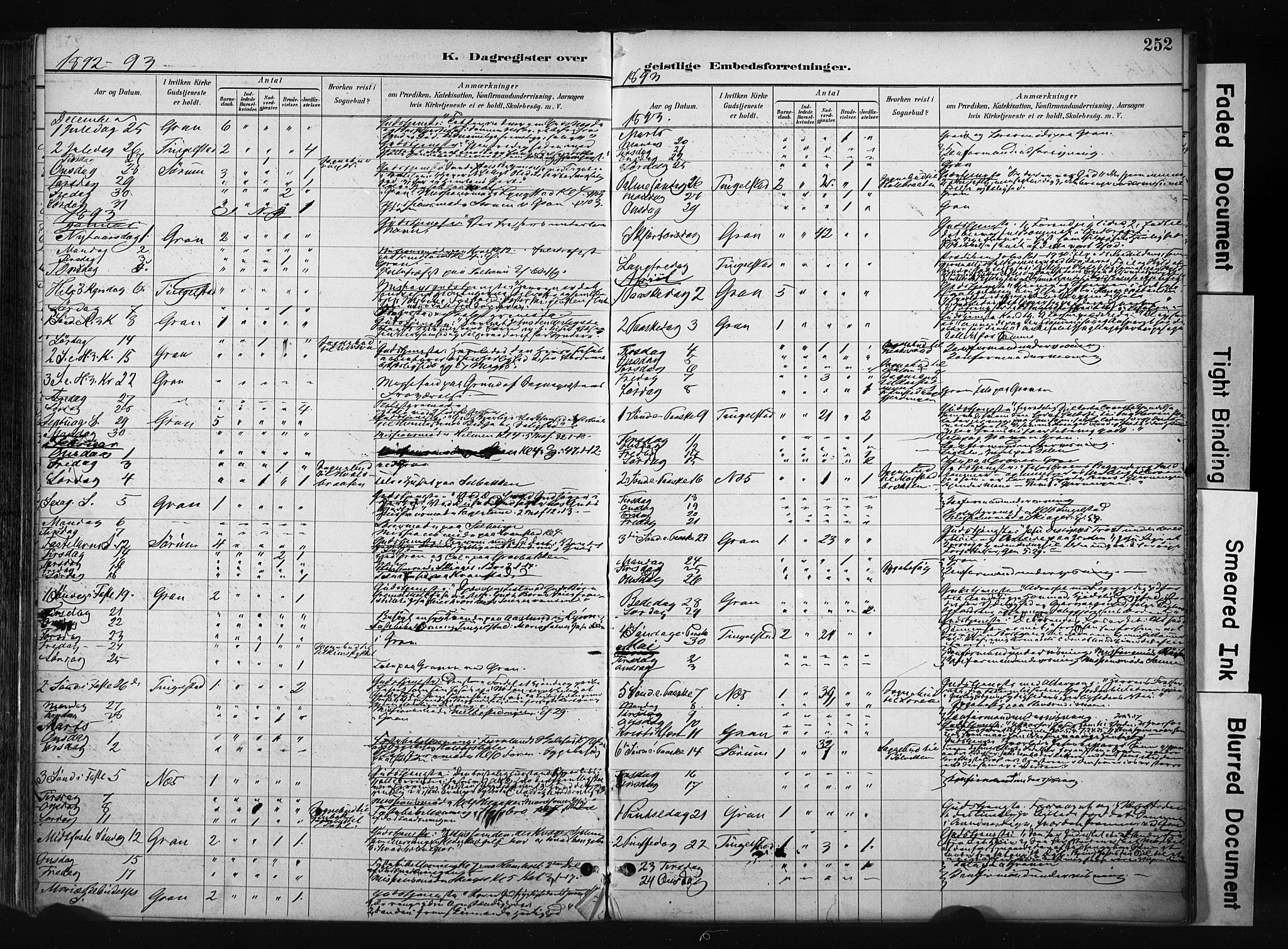 Gran prestekontor, SAH/PREST-112/H/Ha/Haa/L0017: Parish register (official) no. 17, 1889-1897, p. 252
