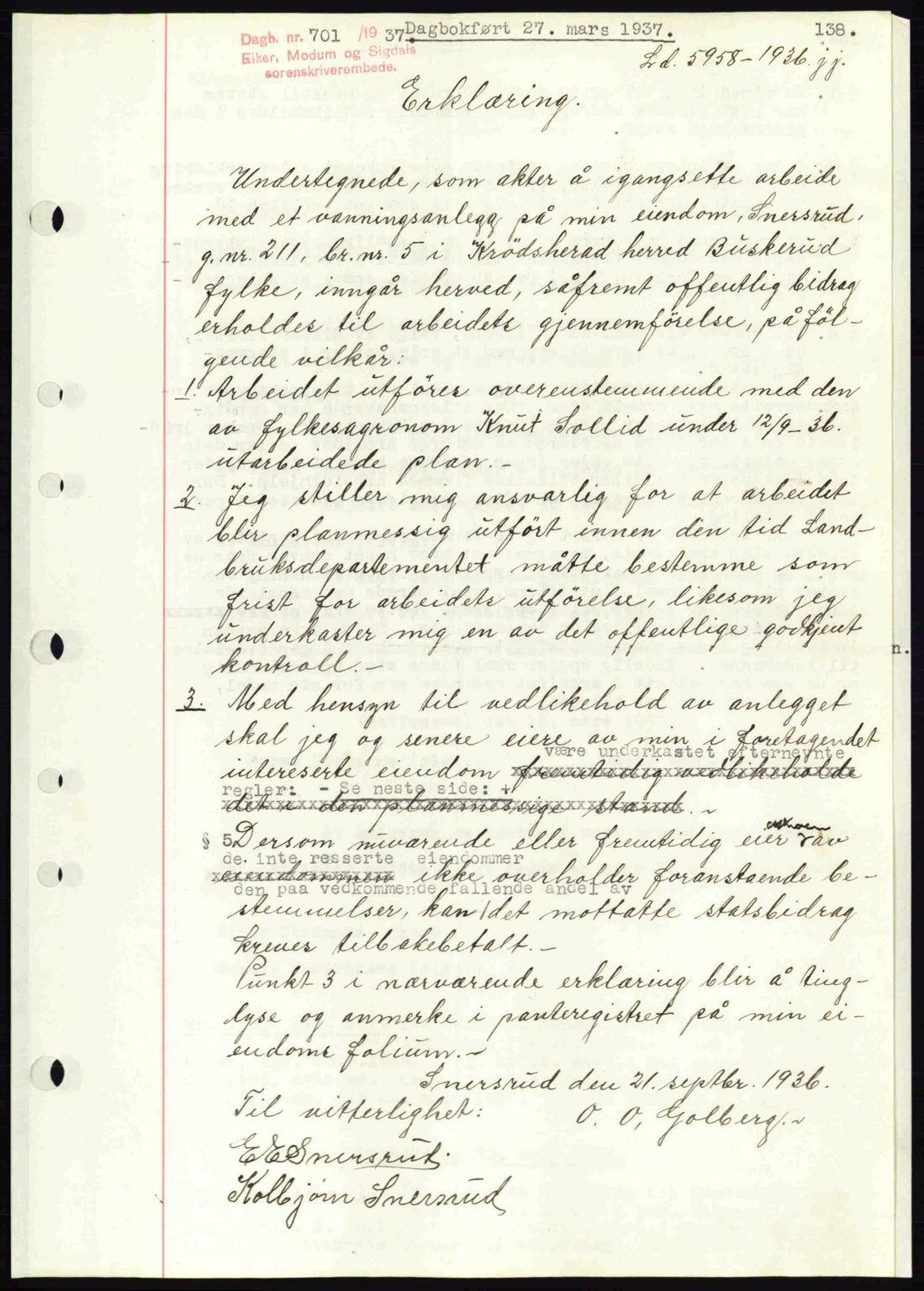Eiker, Modum og Sigdal sorenskriveri, SAKO/A-123/G/Ga/Gab/L0035: Mortgage book no. A5, 1937-1937, Diary no: : 701/1937