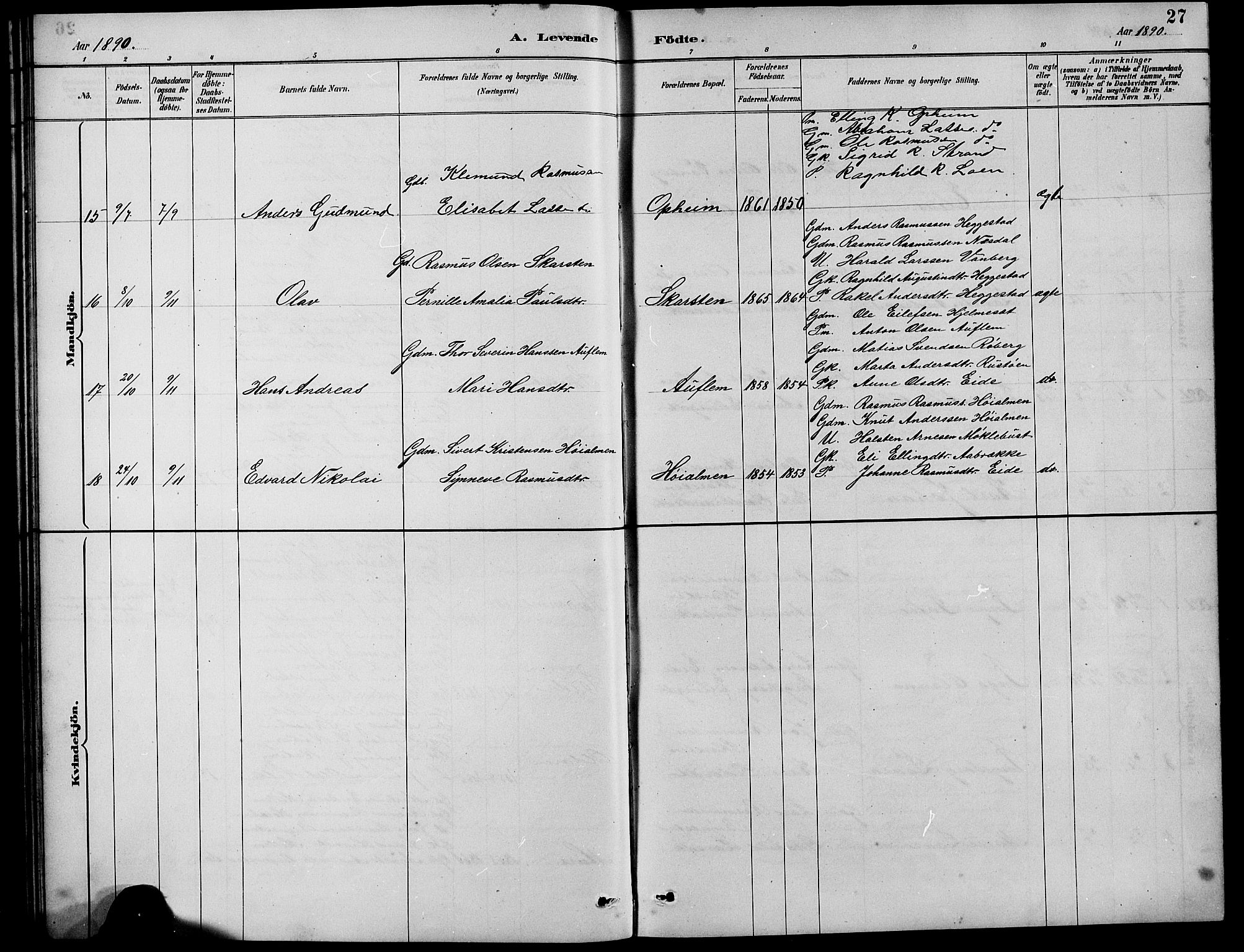 Innvik sokneprestembete, SAB/A-80501: Parish register (copy) no. B 3, 1886-1897, p. 27