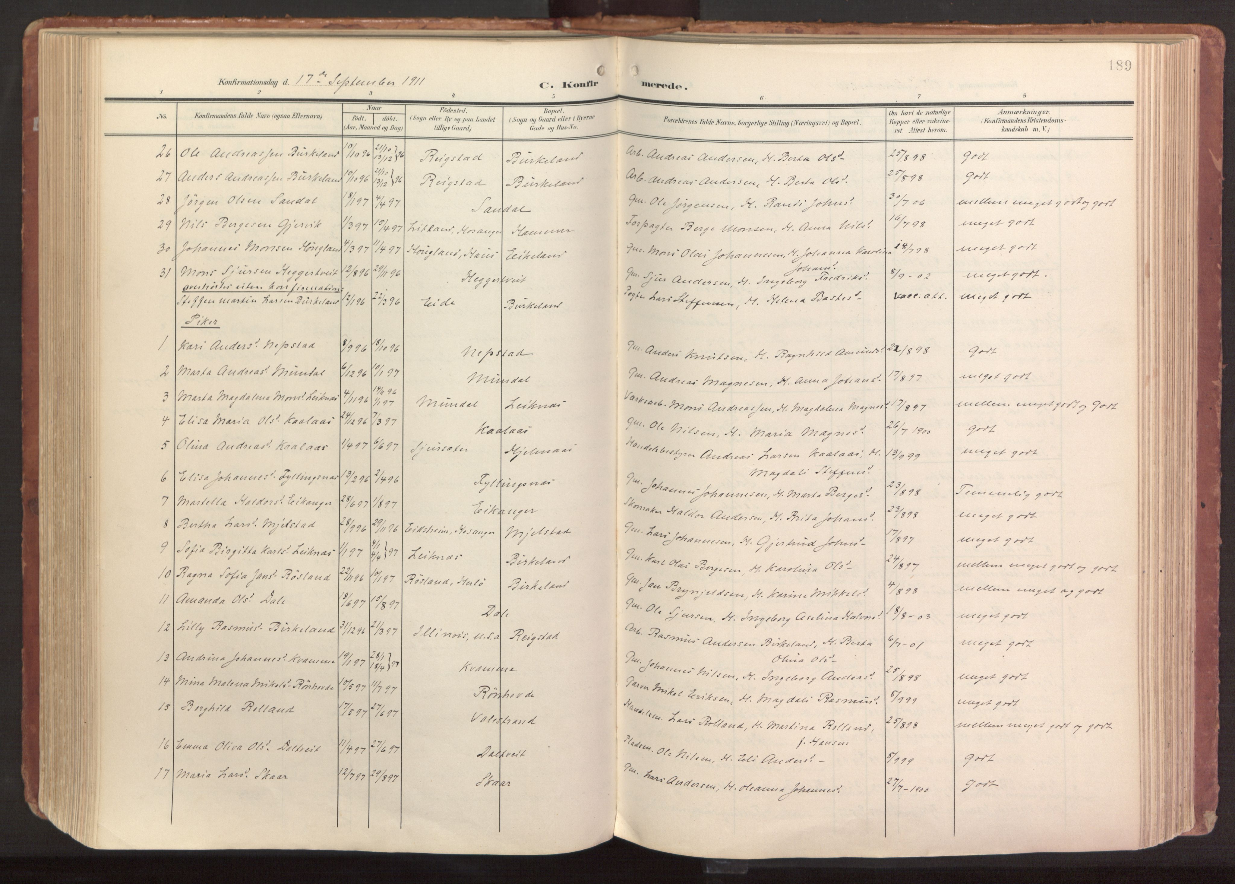 Hamre sokneprestembete, SAB/A-75501/H/Ha/Haa/Haab/L0002: Parish register (official) no. B 2, 1905-1924, p. 189