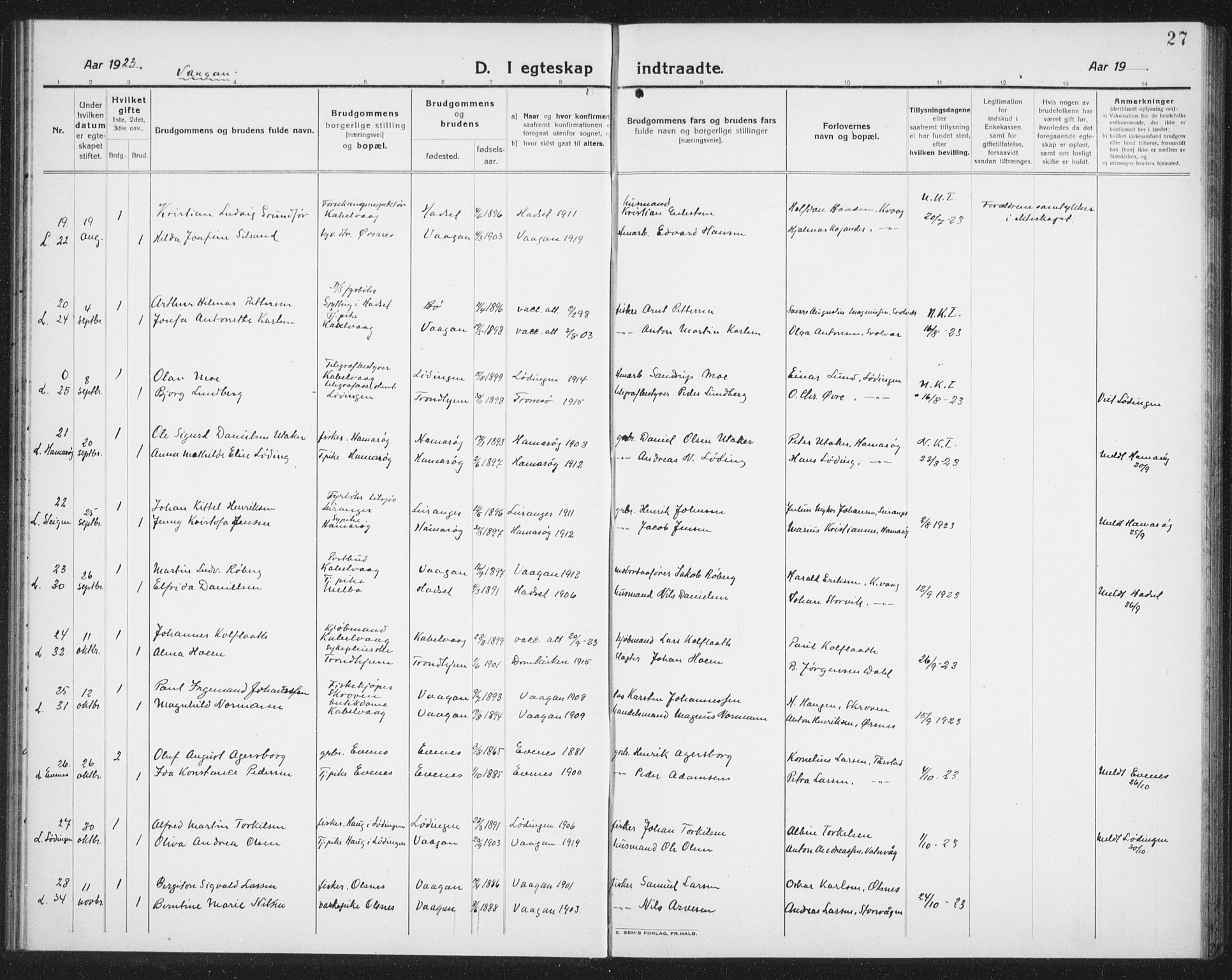 Ministerialprotokoller, klokkerbøker og fødselsregistre - Nordland, AV/SAT-A-1459/874/L1082: Parish register (copy) no. 874C11, 1920-1939, p. 27