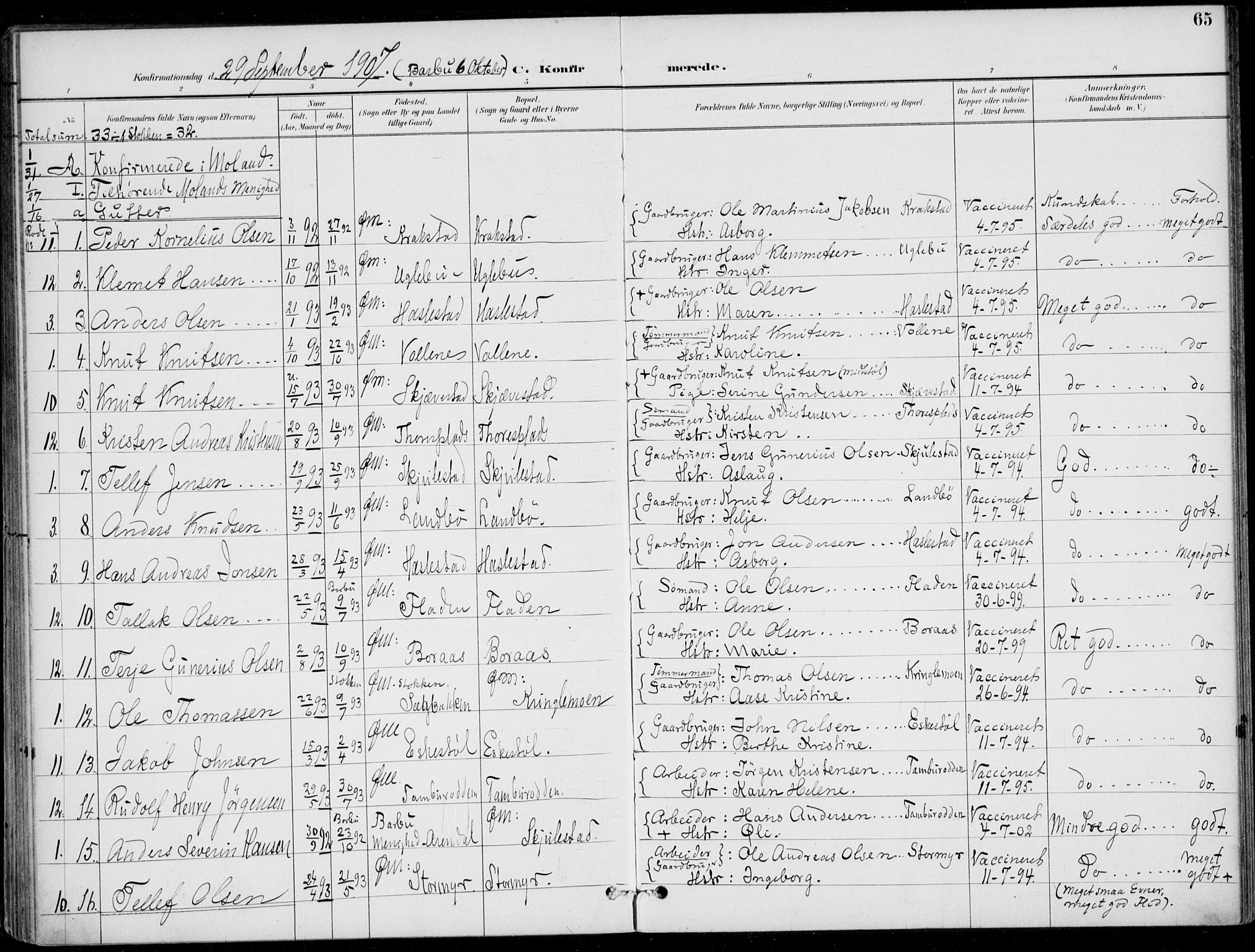Austre Moland sokneprestkontor, SAK/1111-0001/F/Fa/Faa/L0011: Parish register (official) no. A 11, 1894-1915, p. 65