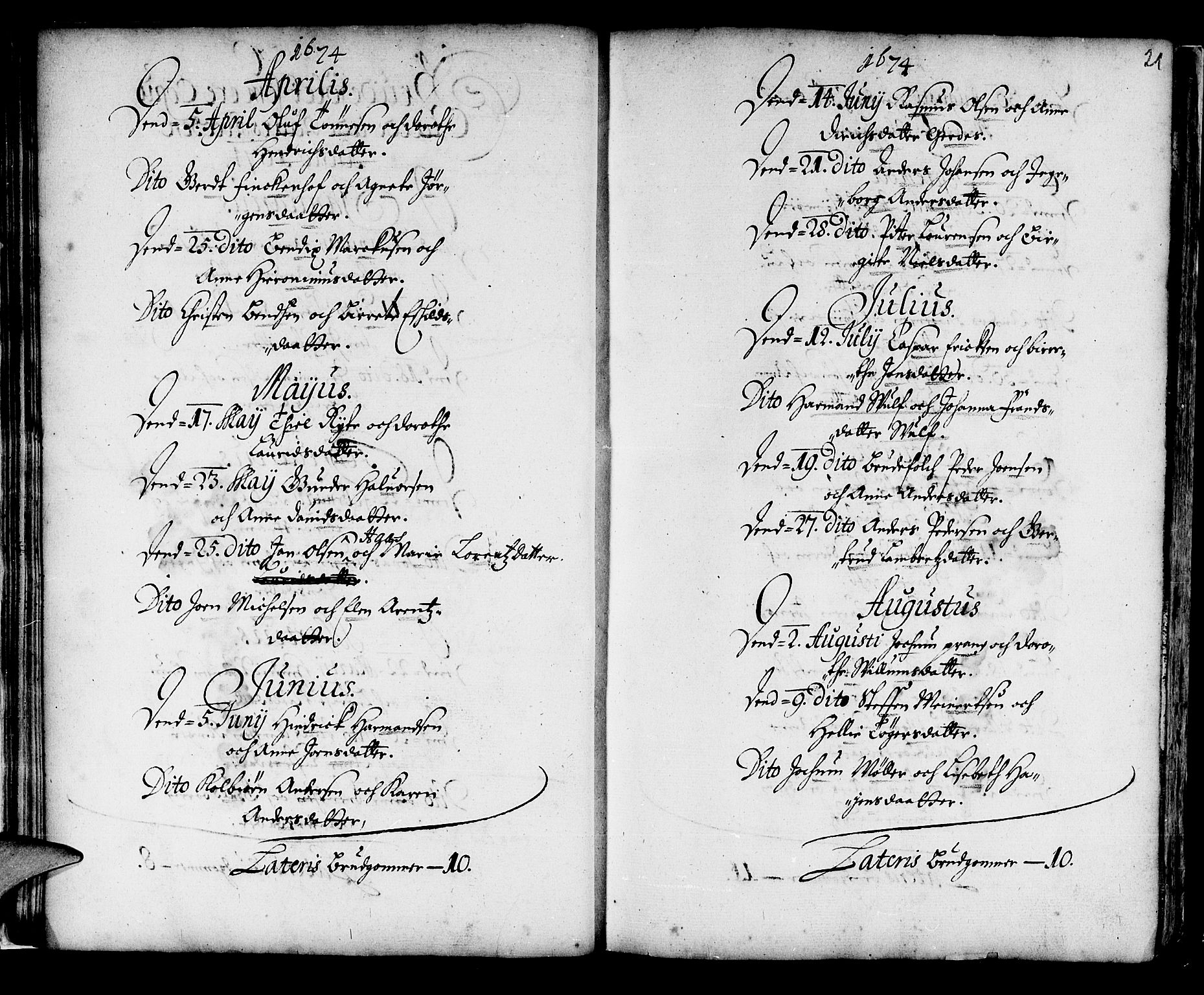 Korskirken sokneprestembete, AV/SAB-A-76101/H/Haa/L0001: Parish register (official) no. A 1, 1674-1688, p. 21