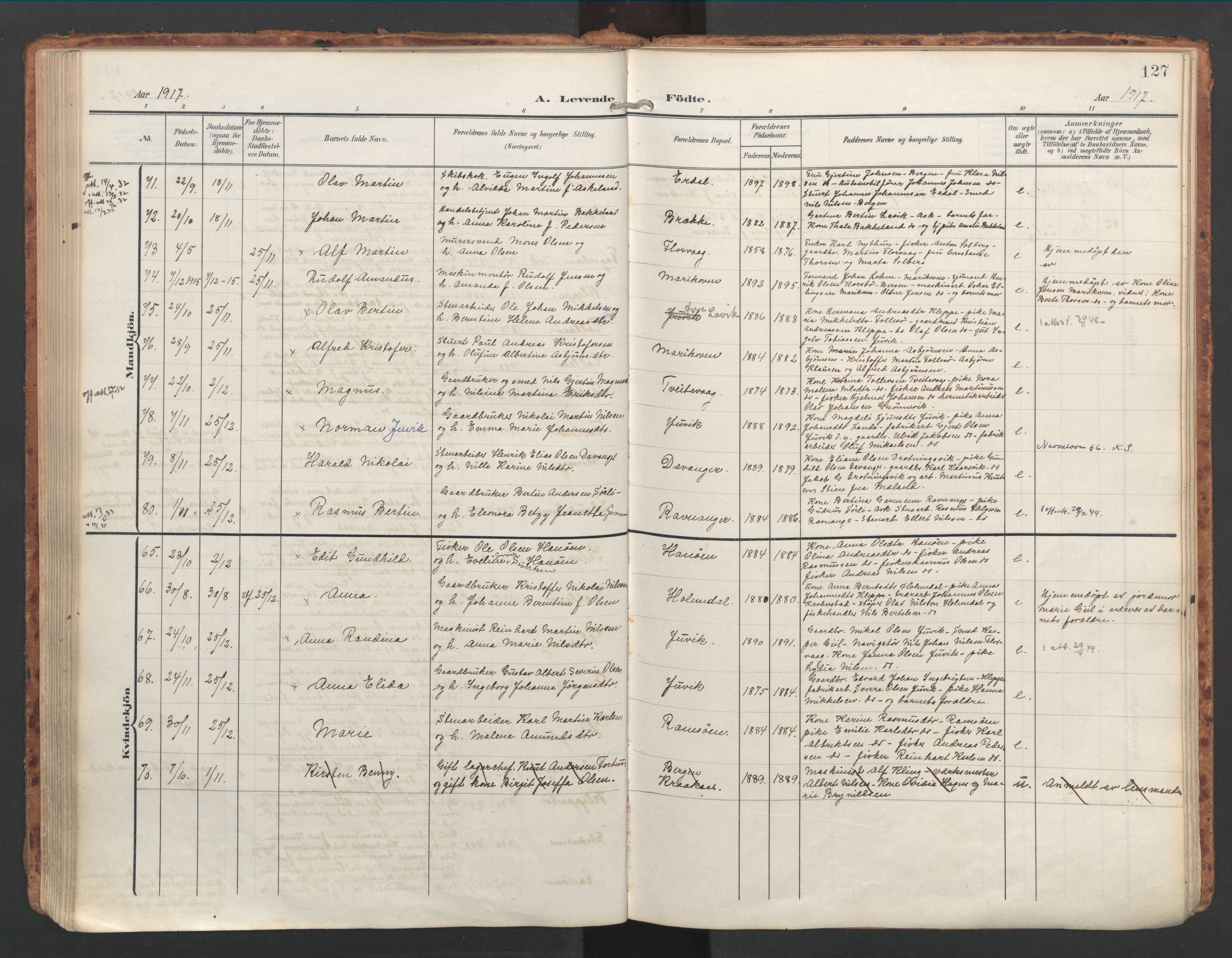 Askøy Sokneprestembete, AV/SAB-A-74101/H/Ha/Haa/Haac/L0002: Parish register (official) no. C 2, 1905-1922, p. 127