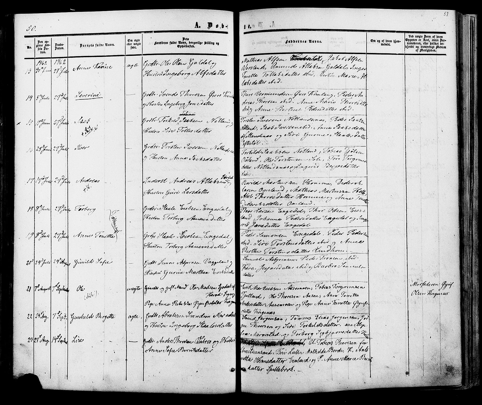 Fjotland sokneprestkontor, AV/SAK-1111-0010/F/Fa/L0001: Parish register (official) no. A 1, 1850-1879, p. 53