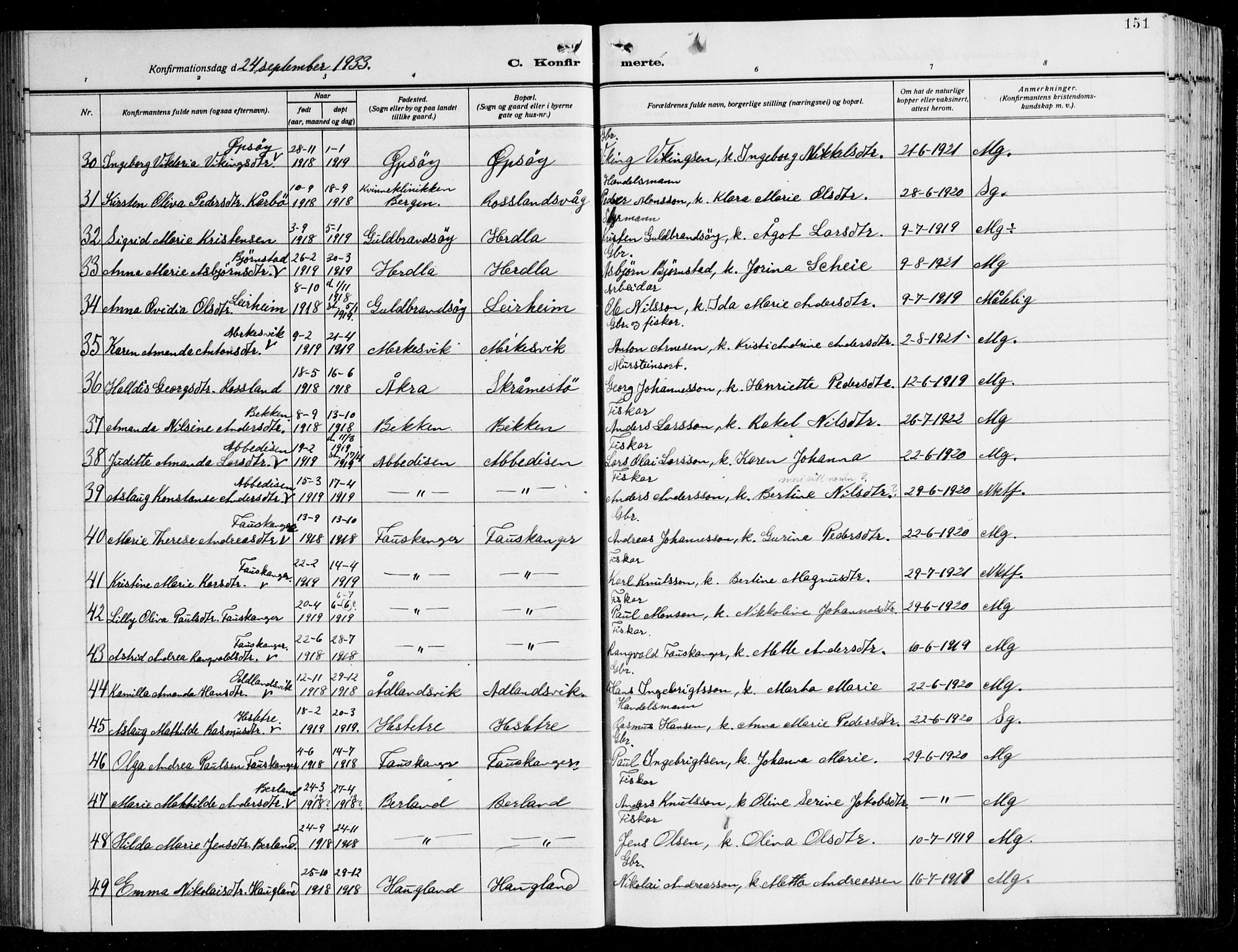 Herdla Sokneprestembete, AV/SAB-A-75701/H/Hab: Parish register (copy) no. C 3, 1926-1940, p. 151