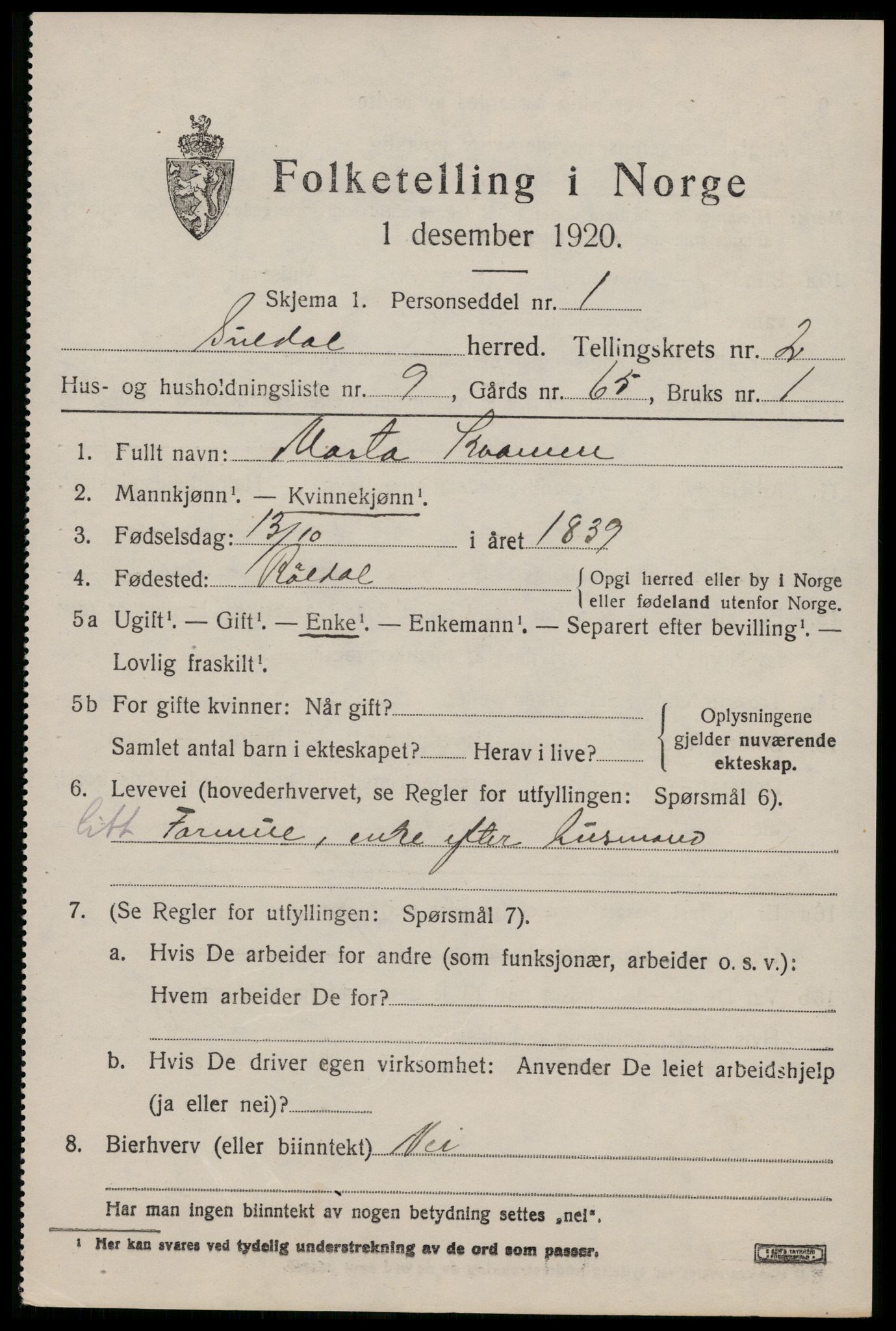 SAST, 1920 census for Suldal, 1920, p. 900