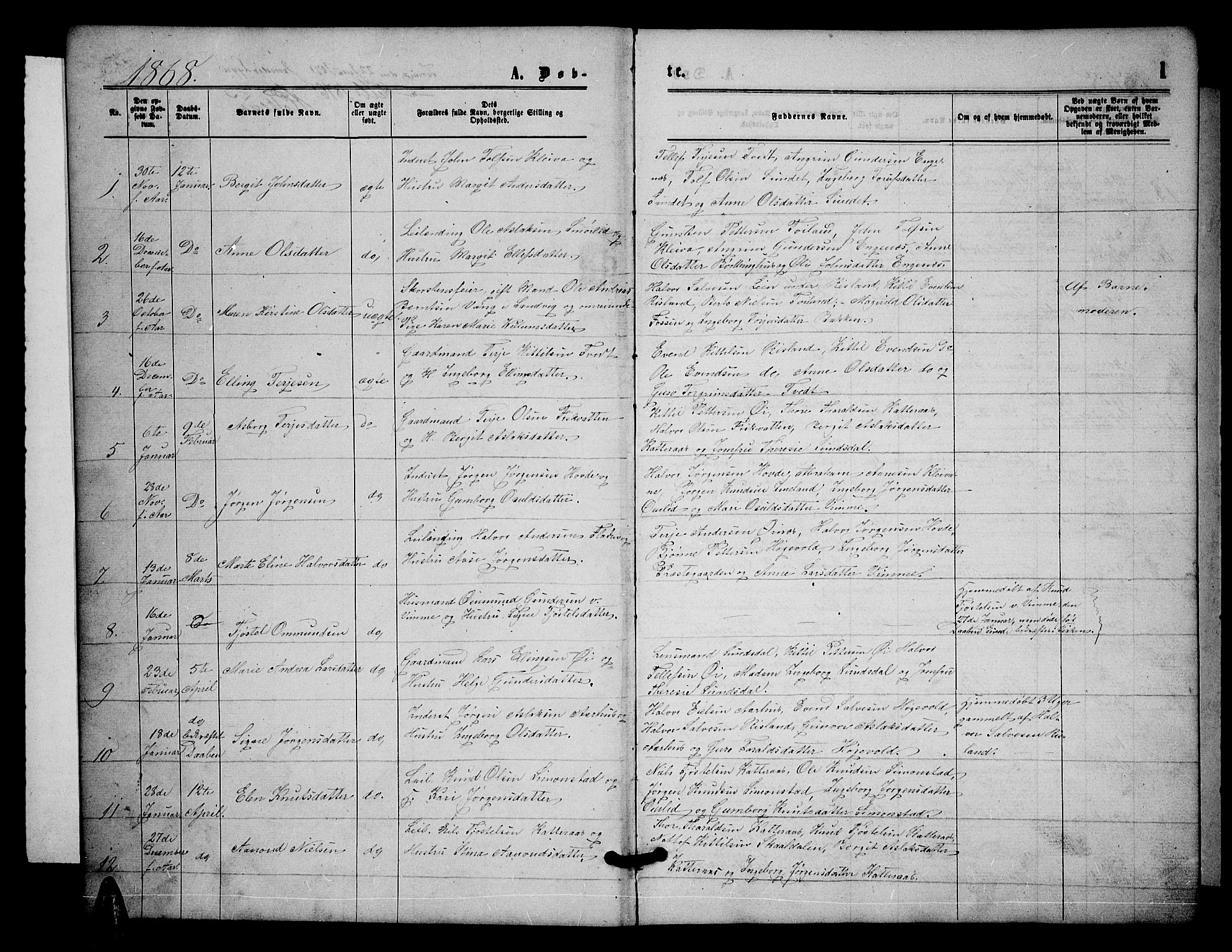 Åmli sokneprestkontor, SAK/1111-0050/F/Fb/Fbc/L0003: Parish register (copy) no. B 3, 1868-1888, p. 1