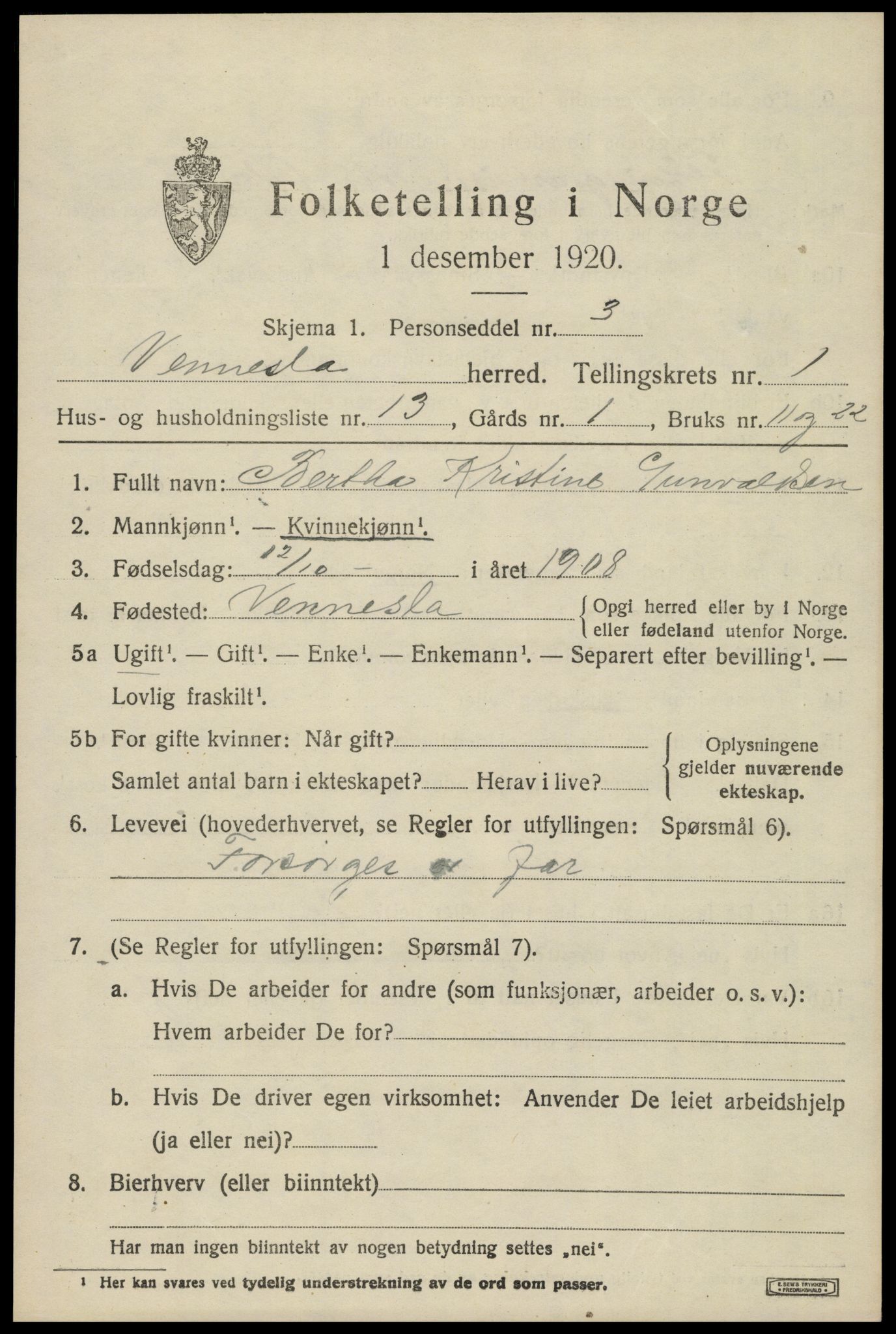 SAK, 1920 census for Vennesla, 1920, p. 1048