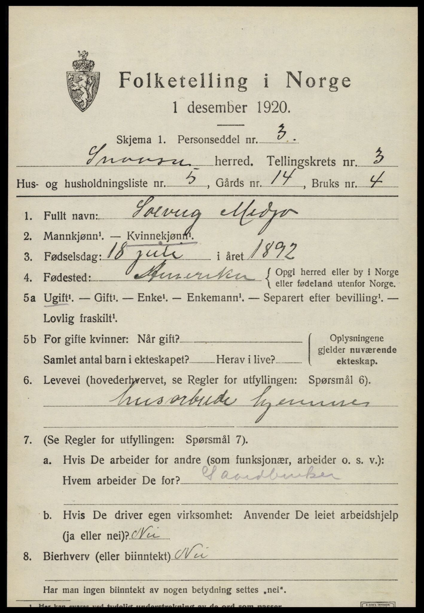 SAT, 1920 census for Snåsa, 1920, p. 1588