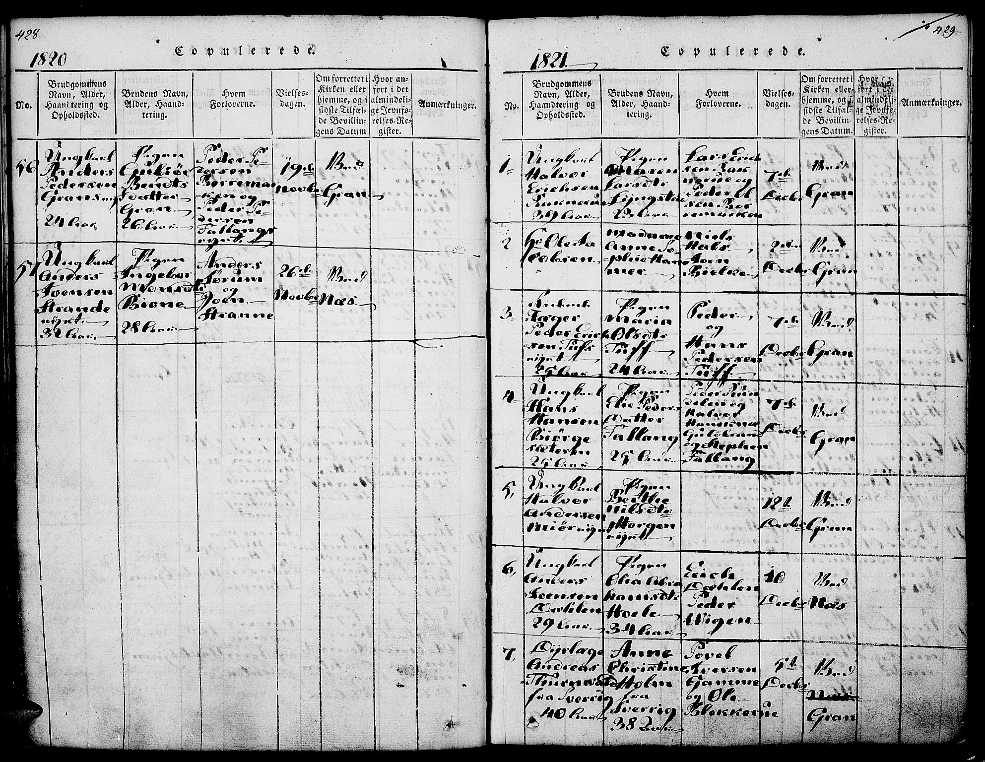 Gran prestekontor, AV/SAH-PREST-112/H/Ha/Haa/L0009: Parish register (official) no. 9, 1815-1824, p. 428-429