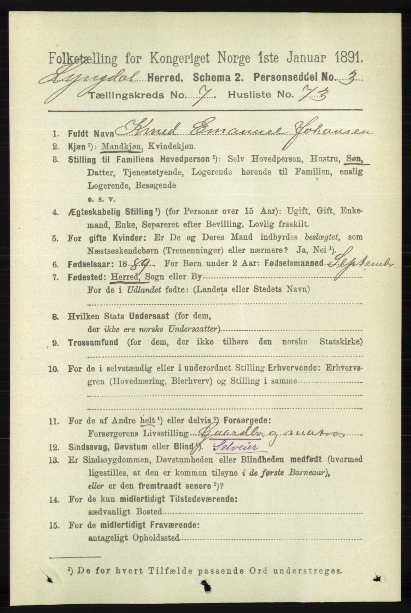 RA, 1891 census for 1032 Lyngdal, 1891, p. 3323