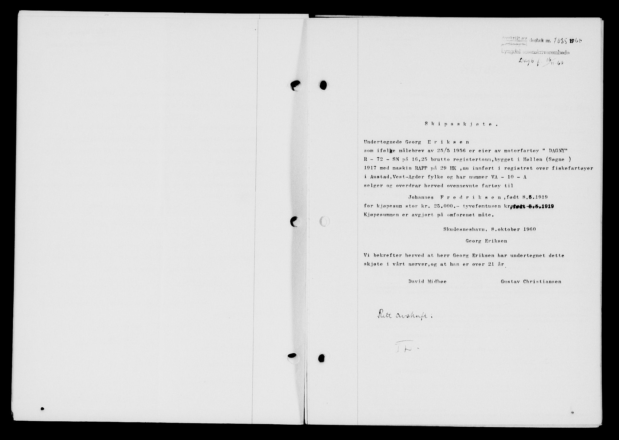 Lyngdal sorenskriveri, AV/SAK-1221-0004/G/Gb/L0680: Mortgage book no. A XXVI, 1960-1960, Diary no: : 1085/1960