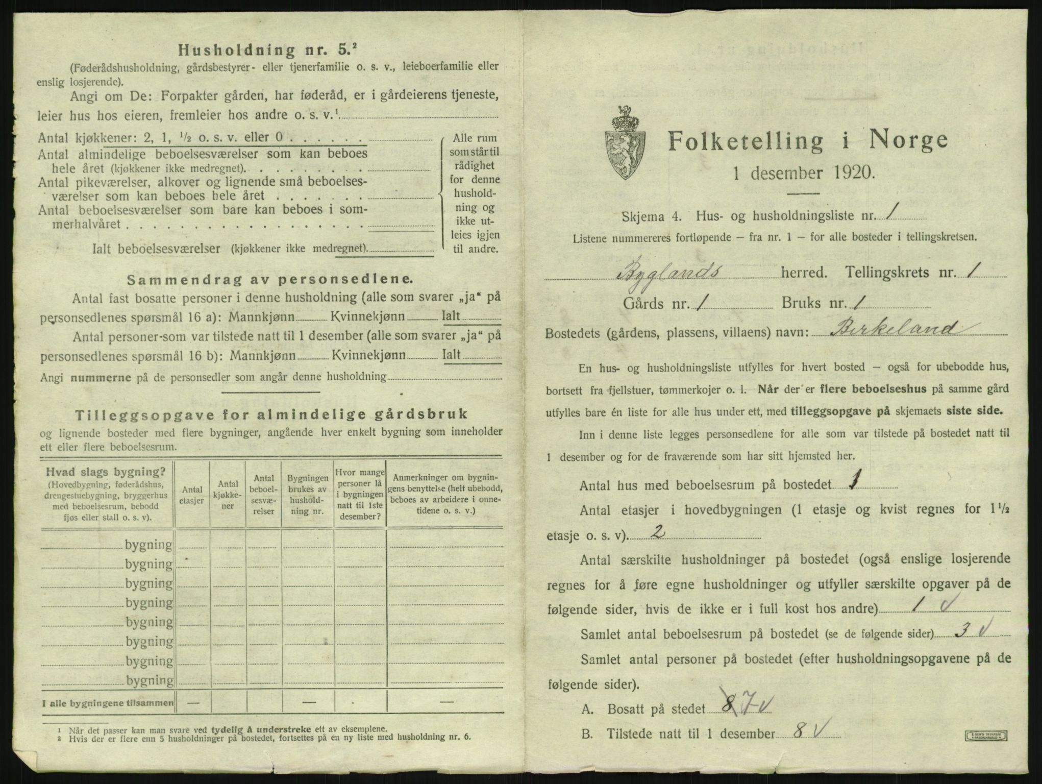 SAK, 1920 census for Bygland, 1920, p. 61