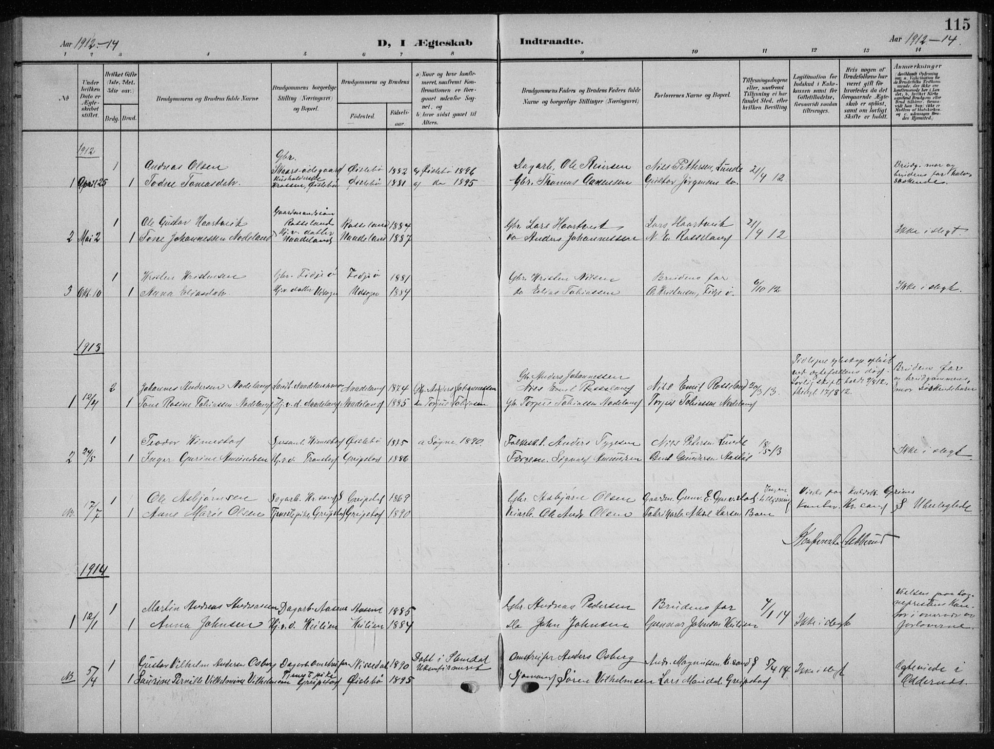 Søgne sokneprestkontor, SAK/1111-0037/F/Fb/Fba/L0005: Parish register (copy) no. B 5, 1904-1936, p. 115